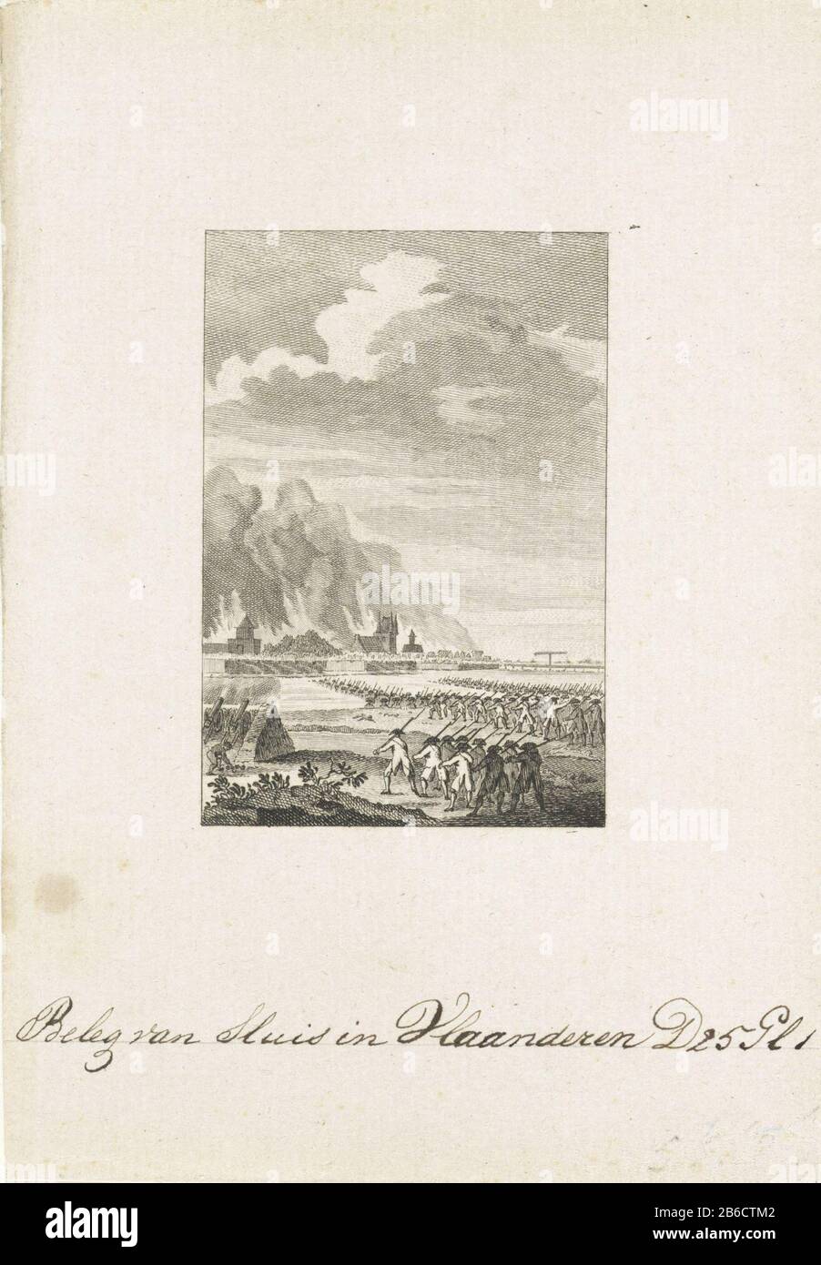 Die Belagerung von Sluis, 174 Sluis, wurde von den Franzosen am 25. August 1794 unter Belagerung genommen. Hersteller : Druckmaschine: Cornelis Bogert im Zeichnen: Jacobus Kauft Platzanfertigung: Nordholländer Datum: 174-95 Physikalische Eigenschaften: Ätzung und Engras, Testdruck vor dem Briefmaterial: Papiertechnik: Ätzung / Engras (Druckverfahren) Maße: Blatt: H 164 mm × W 112 mmToelichtingGebruikt als Illustration in: J. Fokke, Geschichten der Vereinigten Niederlande für die Jugend des Landes, Johannes Allart, Amsterdam 1783 bis 1795, 25 Teile, Bd. 25, pl. 1. Betrifft: Belagerung, Tannenkrieg Stockfoto