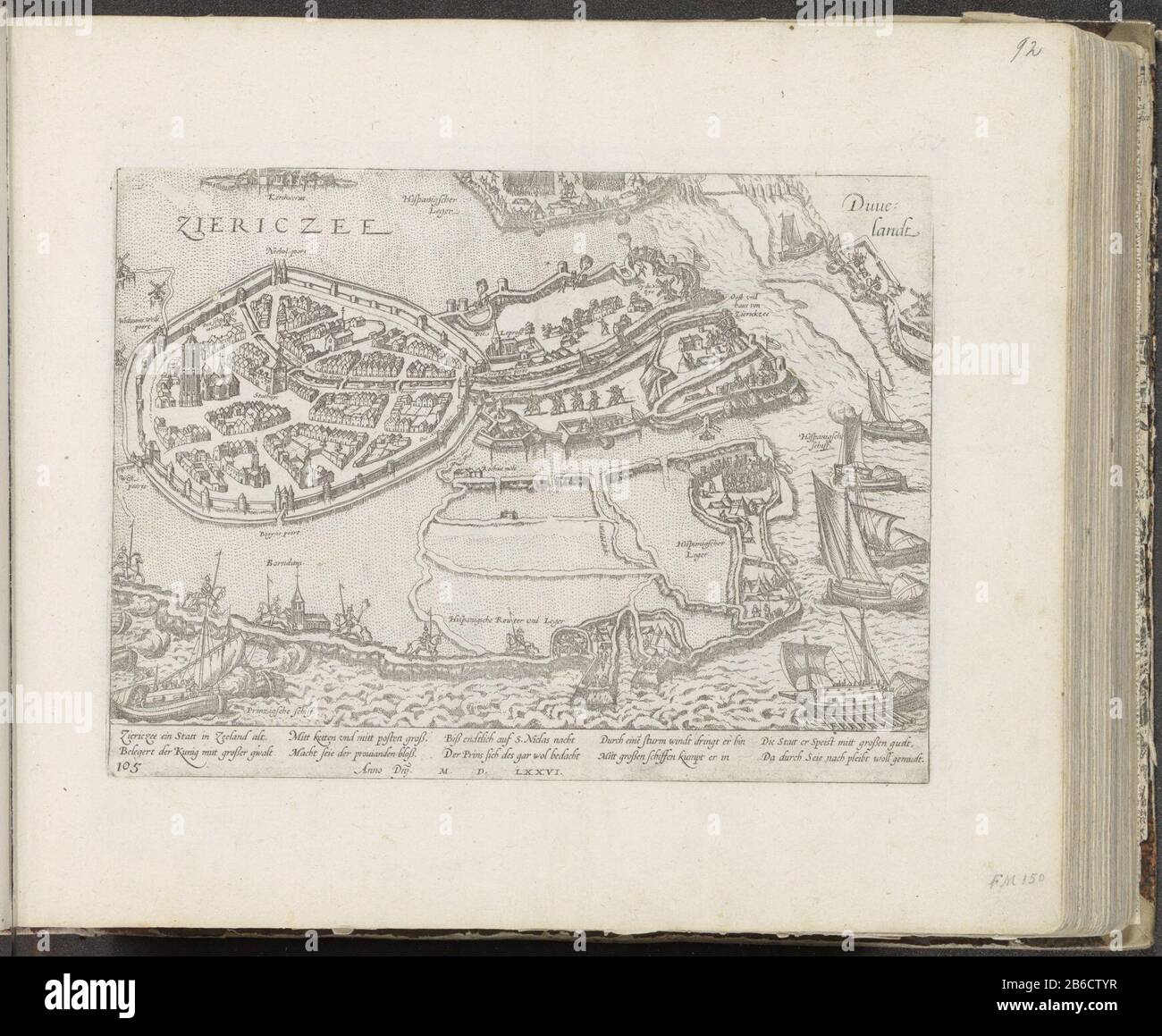 Belagerung von Zierikzee durch die Spanier, Niederländer 1576 Serie 6 Veranstaltungen, 1571-1576 (Serientitel) Belagerung von Zierikzee durch die Spanier unter Mondragon. Trotz eines erfolgreichen Versuchs der Schiffe des Fürsten, die der Stadt zur Verfügung gestellt wurden, gibt die Stadt über den 29. Juni 1576. Blick auf die ummauerte Stadt auf die Stellungen der belagernden spanischen Truppen und spanischen Schiffe und der Schiffe des Fürsten . Mit 10 Zeilen Unterschrift auf Deutsch. Unten links mit 105 nummeriert. Der Druck ist Teil eines Albums. Hersteller : Druckmaschine französischer Hochschuhhersteller: Köln Datum: 1576 - ca. 1578 Physikalische Merkmale: Ätzmaterial: Stockfoto