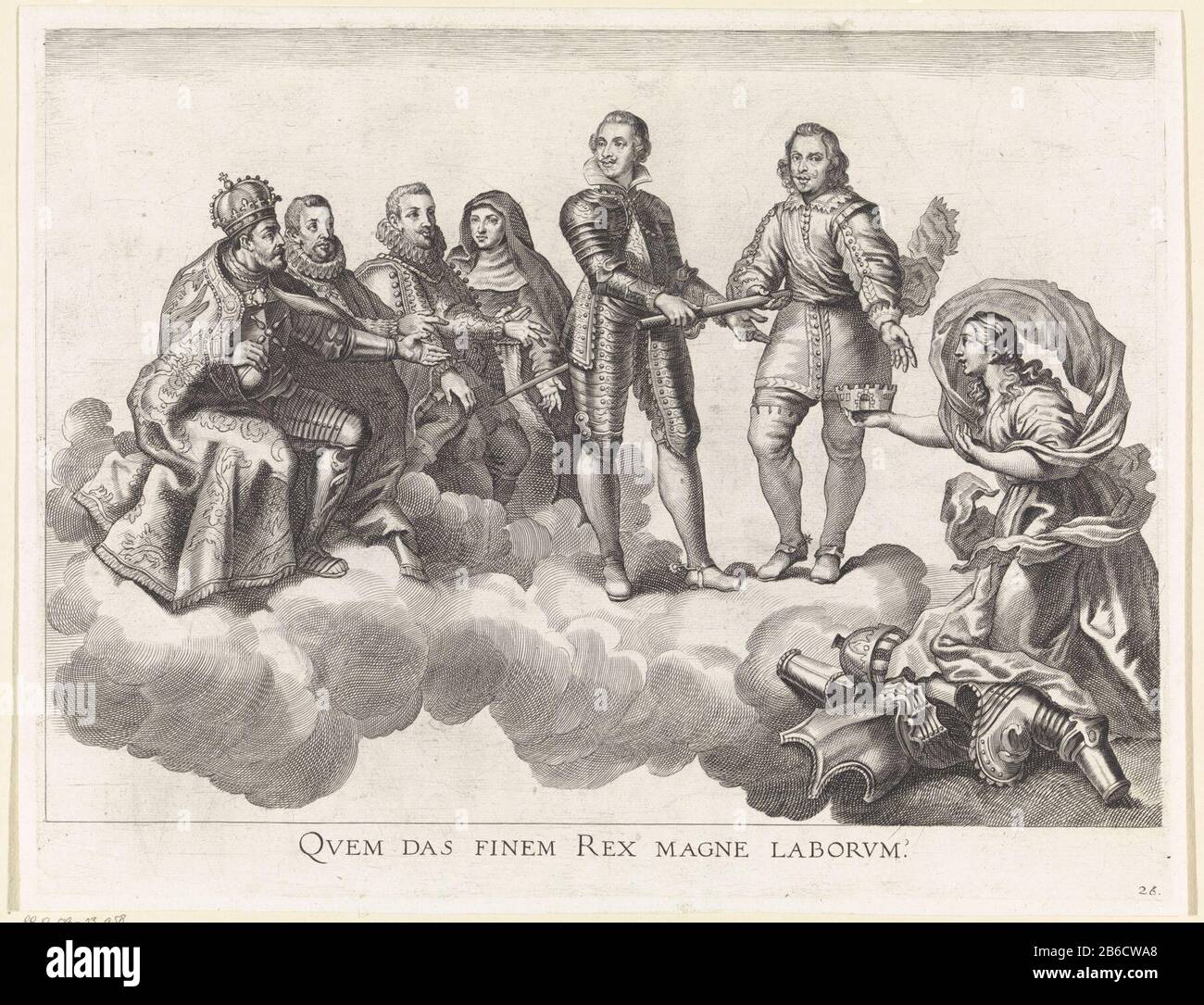 Belgica fleht Charles Ferdinand V. an, es dem Land zu ermöglichen, Quem das finem rex magnetite laborum (Titelobjekt) Den Eintritt von Ferdinand von Österreich in Gent (Serientitel) Die Belgica zu kontrollieren. Die Jungfrau der südlichen Niederlande, die mit Landskroon kniete, befragen Karl V. Ferdinand, das Land zu regieren. Im Himmel sitzt Karl V. mit den Fürsten Philipp II., Philipp III. Und Isella Clara Eugenia. Philipp IV. Ferdinand überreicht einen Schlagstock. Präsentation oben auf der Vorderseite des Triumphbogens Arcus Caroli auf dem Freitagsmarkt. Print ist Teil einer Serie, die die Veröffentlichung der Beschreibung o Stockfoto