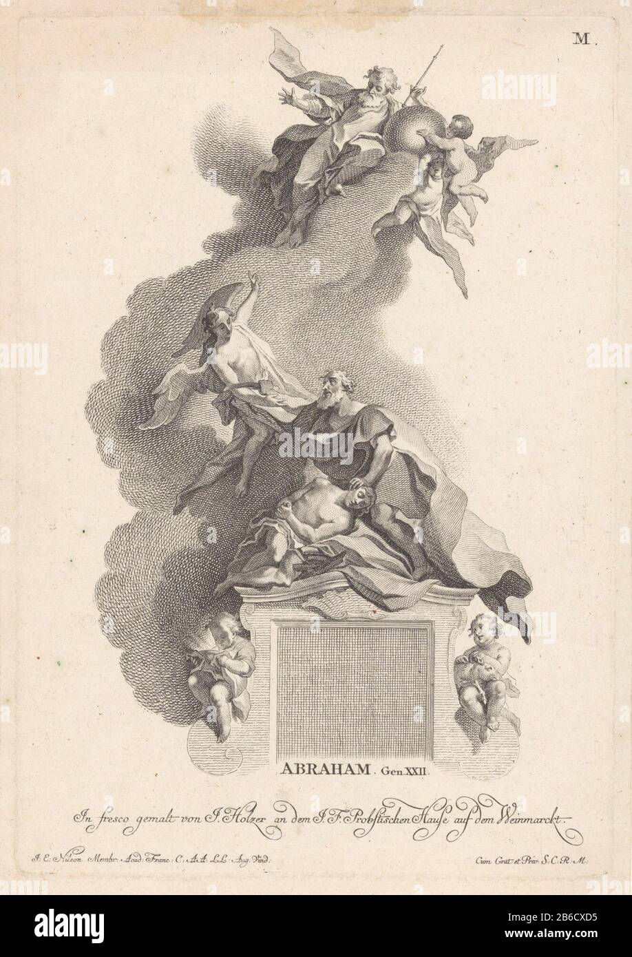 Beproeving van 1000 Meister Abraham Abraham 22 (titel op object) Bilder eines Freskos im Haus und Augusta Vindelicum (serietitel) Die Tortal Abrahams. Abraham ist dabei, seinen Sohn Isaac zu opfern, aber ein Engel zieht seine Hand zurück und zeigt nach oben. Es zeigt Gott den Vater und zwei Putten auf Wolken. Unter zwei Putten mit Opferlamm und Offervuur sitzen. Hersteller: Druckerhersteller Johann Esaias Nilson (unter Denkmalschutz stehende Immobilie) zum Wandbild des Johann Evangelist Holzer (unter Denkmalschutz stehendes Gebäude) Verlegers Johann Esaias Nilson (unter Denkmalschutz stehende Immobilie) Träger des Privilemmas: Kaiserlicher Hof (auf dem Objekt abgebildet) Ort Stockfoto