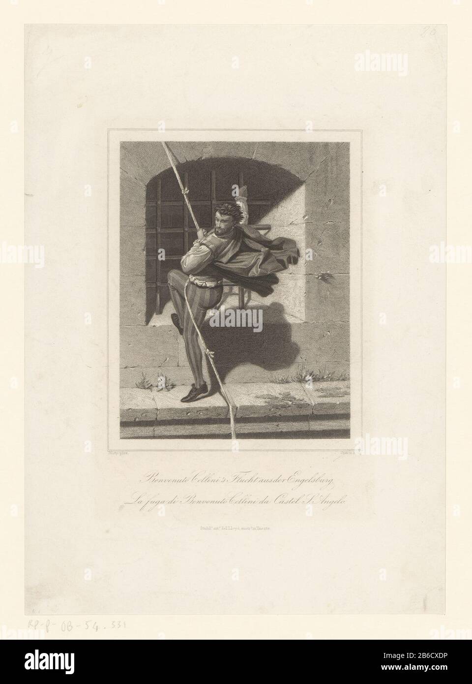 Benvenuto Cellinis Flug von der Engelsburg Benvenuto Cellini's vlucht uit de Engelenburcht Objektart : Prent Objectnummer: RP-P-ob-54.331 Inscriptions / Merken: Sammlermarke , Verso, gestempelt: Lugt 2228 Hersteller: Prentmaker: A. Simon (vermeld op Objekt)naveroij: Karl Pilotever James Lloyd (vermeld op object)Plaats Herstellen: Triëst dating: 1800 - 1899 Physische Kenmerken: Stalgravure Material: Papier Techniek: Statische Abmessungen: Blad: H 316 mm (Plaatrand (Diels) Niet zichtbaar) × b 226 mm (zic) (zic) Stockfoto