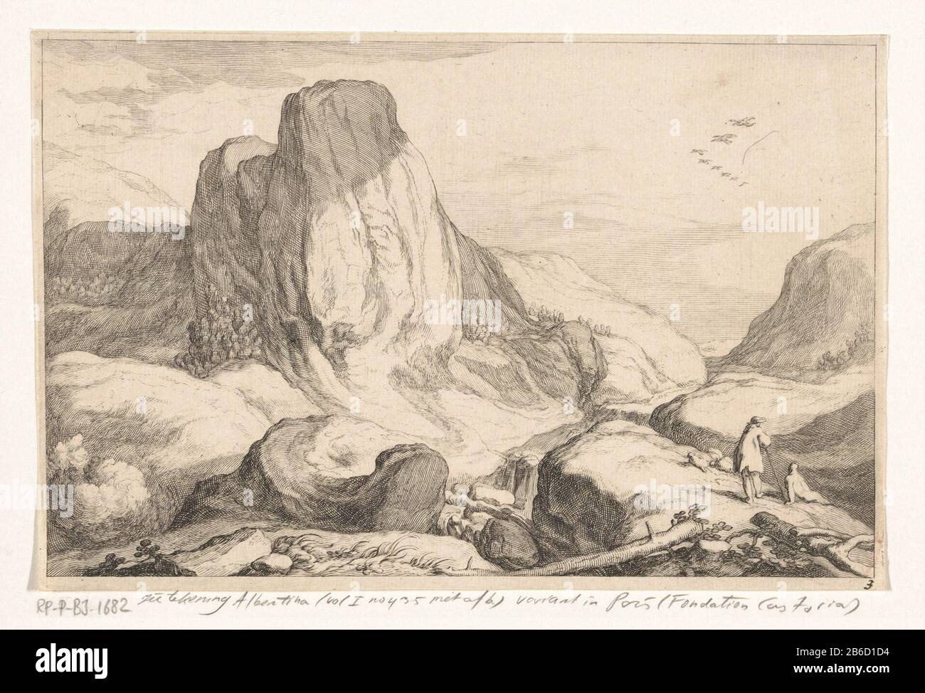 Mountain Area Elf Landscapes (Serientitel) In een weids berglandschap zijn twee herders en een paar schapen te zien. Deze prent maakt deel uit van een losse groep van elf pränten, Stockfoto