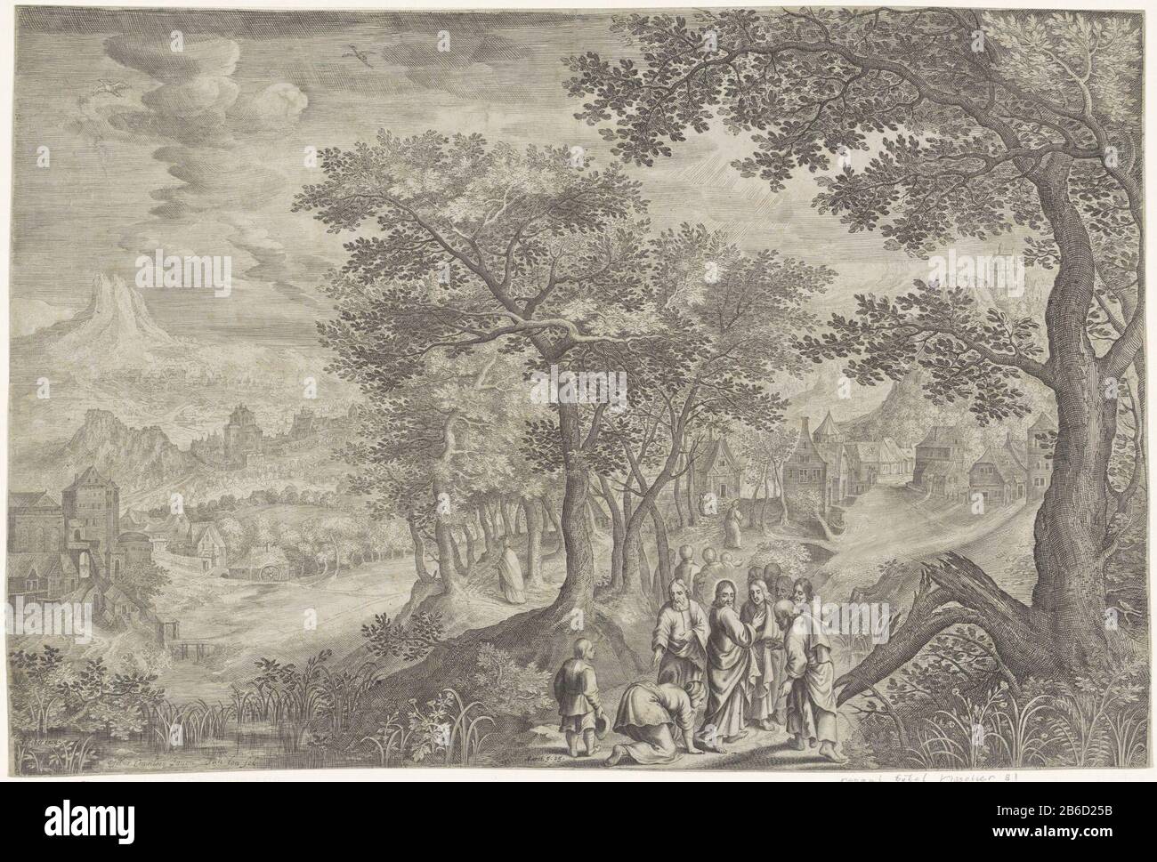 Berglandschaft mit Christus, der die blutende Frau Großzügig bibel (Serientitel) Berglandschaft mit verstreuten Häusergruppen. Im Vordergrund kniende Frau, die für Christus unter ständigem Blutverlust leidet und den Saum seines Gewandes berührt, dann heilt es. Christus dreht sich in Begleitung der Apostel um und fragt, Wer: Ihn berührt hat. Zentral unter dem biblischen Bezug zum 5. März 25. Hersteller: Der Druckerhersteller Jan van Londerseel (unter Denkmalschutz stehendes Gebäude), entworfen von Gilles von Coninxloo (II) (unter Denkmalschutz stehendes Gebäude), Herausgeber Claes Jansz. Visscher (II) (denkmalgeschütztes Gebäude) Herausgeber: Nicolaes Visch Stockfoto