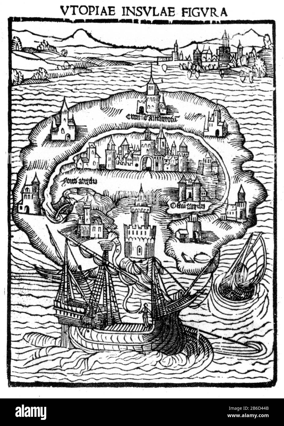 Die Insel Utopia, 1516. Holzschnitt aus der 1. Ausgabe von "Utopia", 1516. Utopia (Libellus vere aureus, nec minus salutaris quam festivus, de optimo rei publicae statu deque Nova insula Utopia oder Ein kleines, wahres Buch, nicht weniger nützlich als angenehm, darüber, wie die Dinge auf der neuen Insel Utopia sein sollten) ist ein Werk der Fiktion und sozio-politischen Satire von Thomas More (1478-1535). Stockfoto