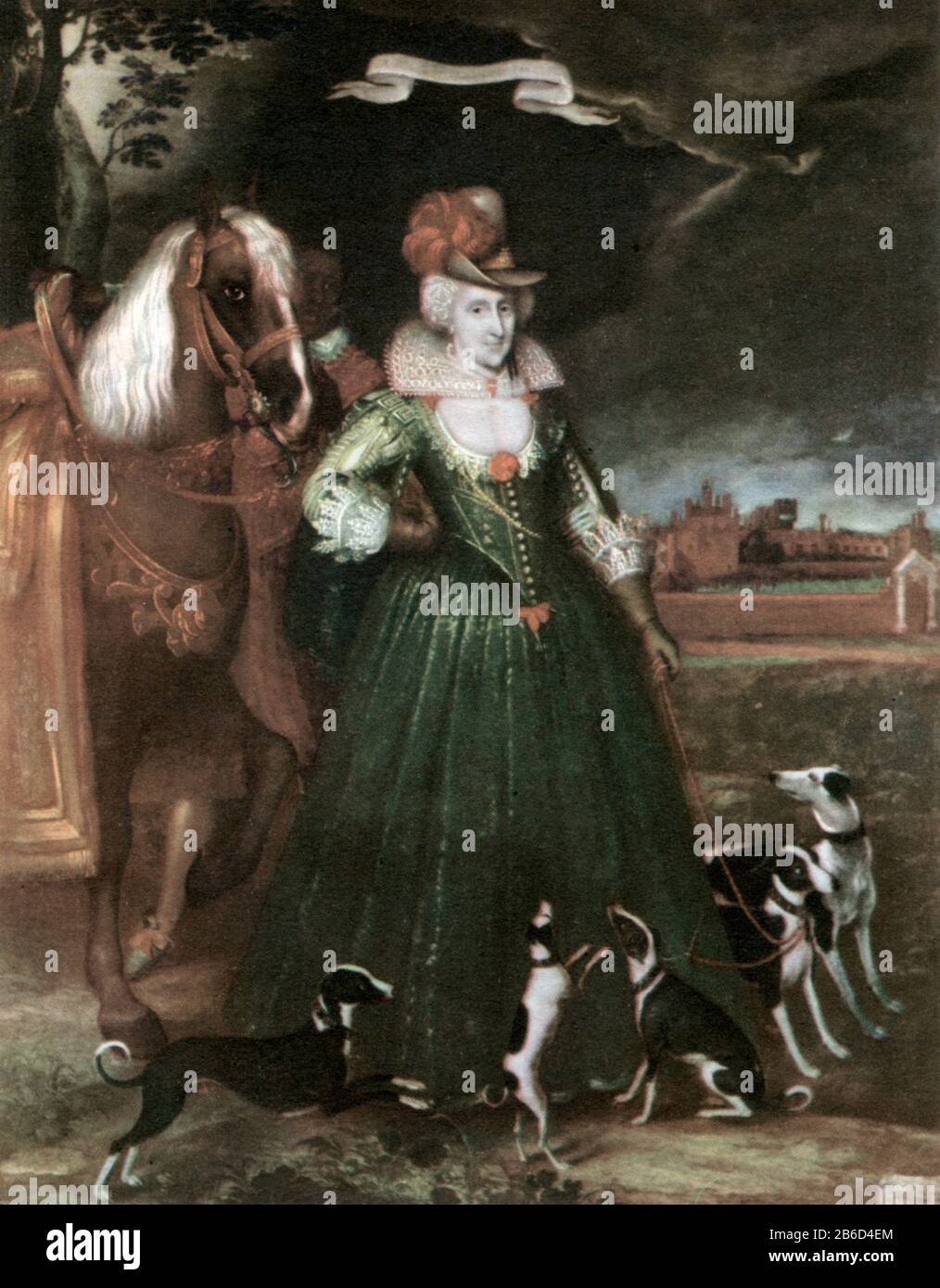 Anne von Dänemark (1574-1619), 1617. Von Paul van Somer I. (c1576-1621). Anne of Denmark (1574-1619), Queen Consort of Scotland, England, and Ireland durch Heirat mit König James VI. Und I. Queen Anne wird im Gelände von Oatlands House (sichtbar in der Ferne), Weybridge, Surrey, England dargestellt. Stockfoto
