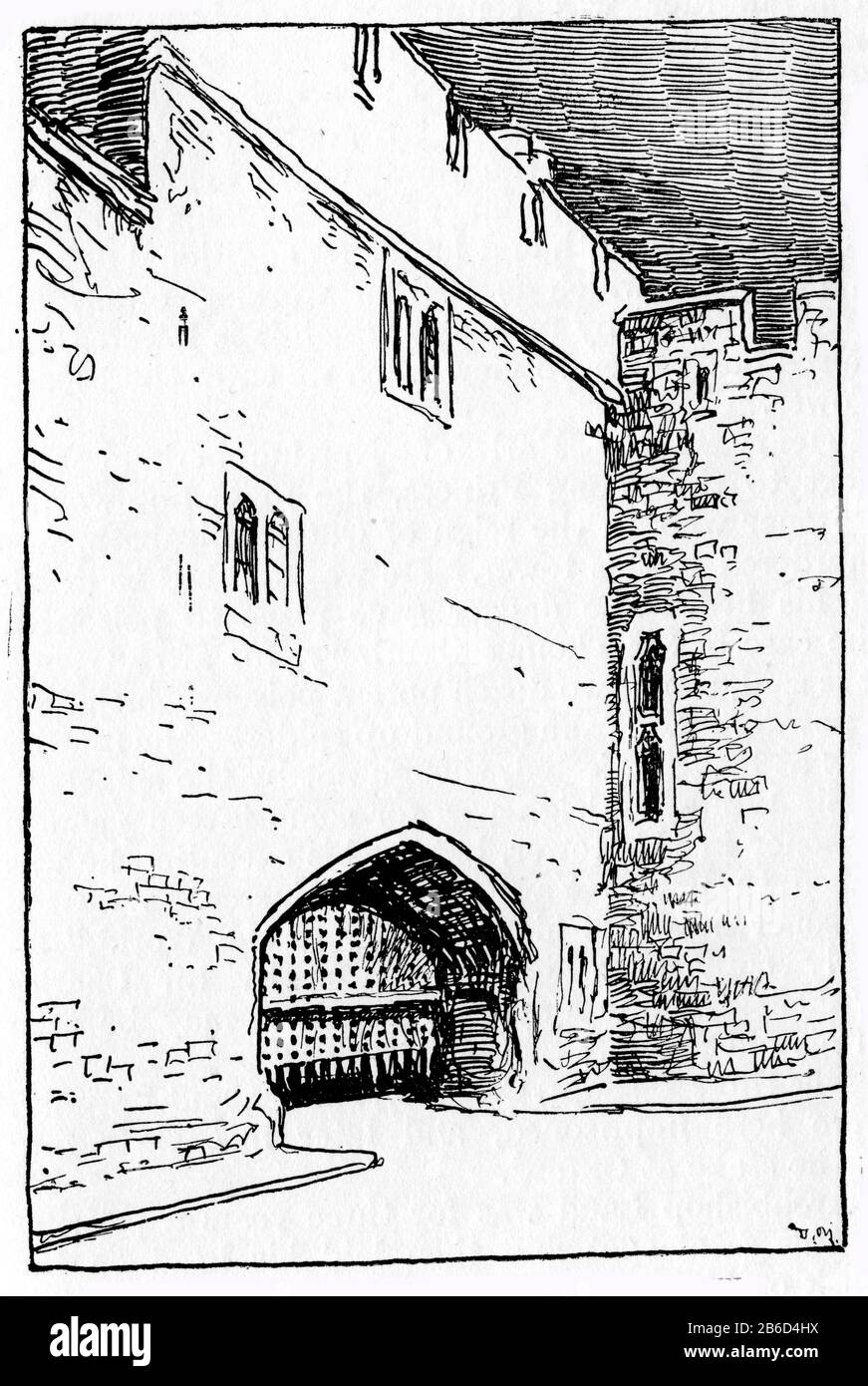 Der Bloody Tower (mit Portcullis unten), Tower of London, London, c1926. Von Donald Maxwell (1877-1936). Der Tower of London, offiziell der Königspalast Ihrer Majestät und die Festung des Tower of London, wurde gegen Ende 1066 im Rahmen der normannischen Eroberung von England gegründet. Direkt westlich des Wakefield Tower wurde der Bloody Tower als Wassertor gebaut, um Zugang zum Schloss von der Themse aus zu gewähren. Eine einfache Struktur, die durch ein Portcullis und ein Tor geschützt ist. Der Bloody Tower erhielt seinen Namen, da er angeblich der Ort des Mordes an den Prinzen im Turm war. Stockfoto