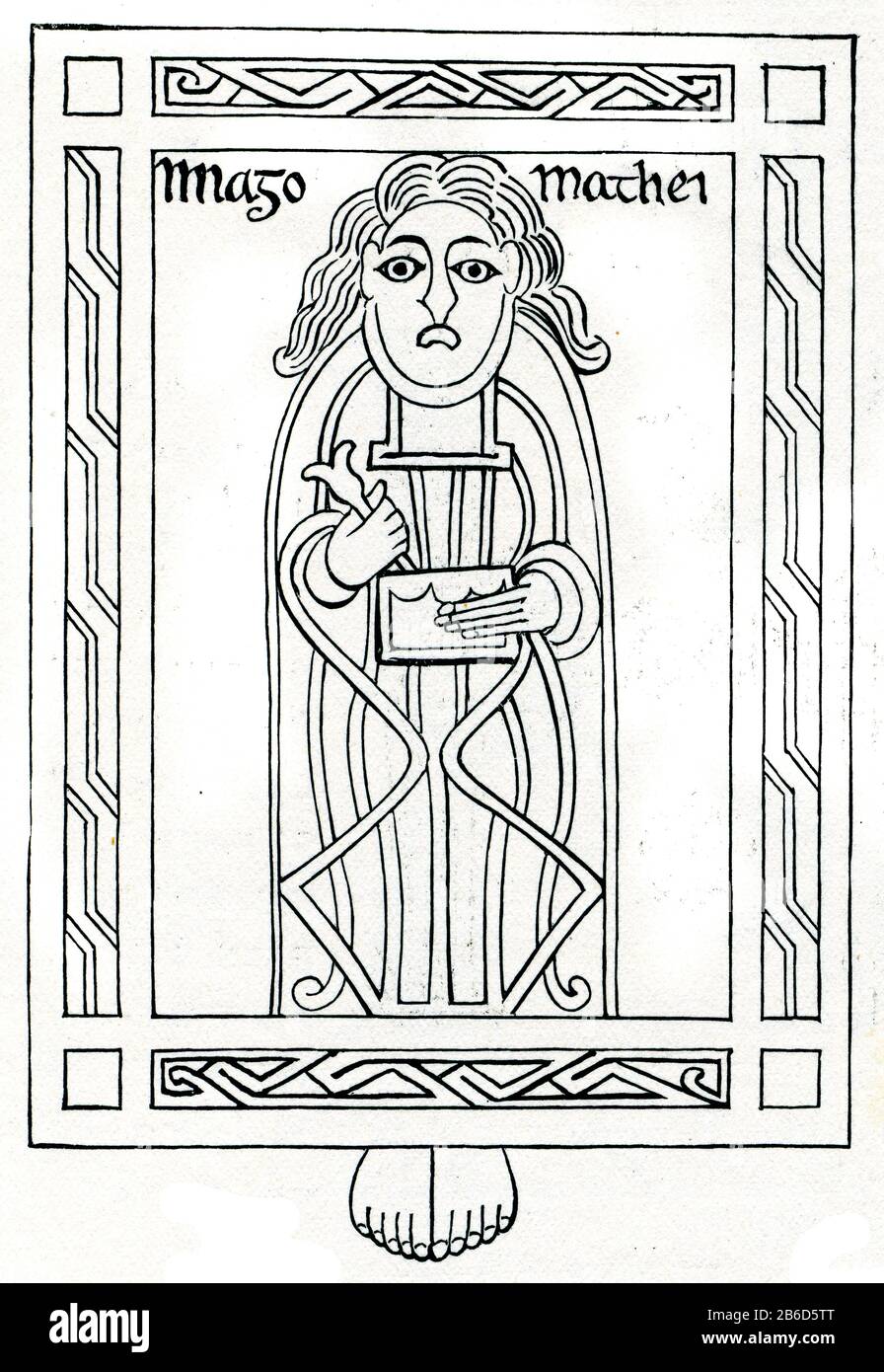 St. Matthäus, aus dem Cadmug Evangelium, 8th Jahrhundert. Das Cadmug-Evangelium (Codex Bonifatianus III) ist ein frühmittelalterlicher Codex religiöser Texte, der heute in Fulda in Deutschland liegt und eng mit dem Heiligen Bonifatius (d754) verbunden ist. Das Cadmug-Evangelium (Codex Bonifatianus III) ist eines von drei "Bonifatian" Bücher, eine Reihe von drei Handschriften traditionell als im Besitz des Heiligen Bonifatius. Stockfoto
