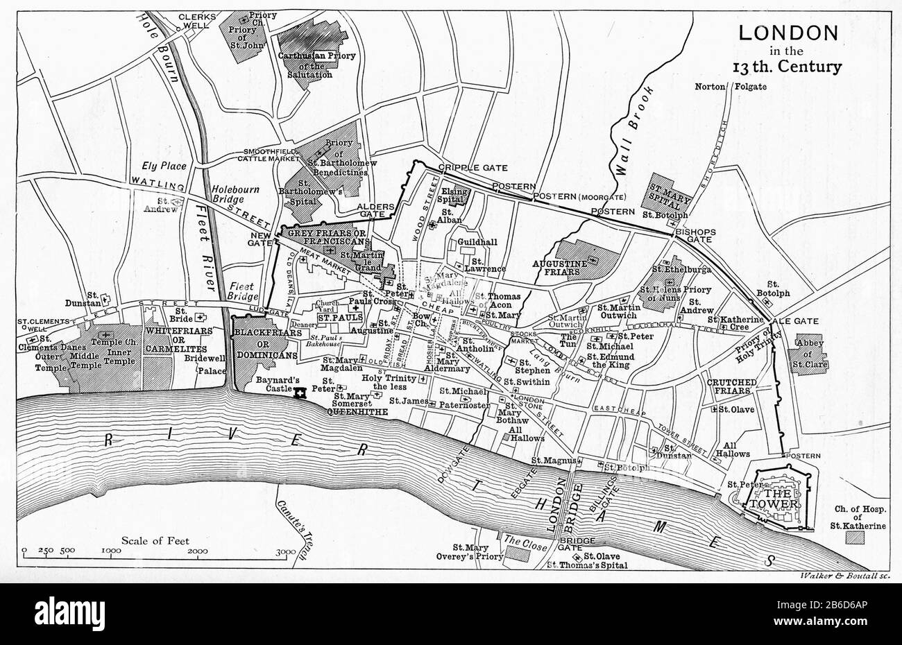 Eine Karte von London im 13. Jahrhundert. Im Mittelalter war Westminster eine kleine Stadt am Fluss von der City of London. Ab dem 13. Jahrhundert wuchs London in zwei verschiedenen Teilen auf. Westminster wurde zur königlichen Hauptstadt und zum Regierungszentrum, während die City of London zum Zentrum von Handel und Handel wurde, eine Unterscheidung, die bis heute offensichtlich ist. Stockfoto