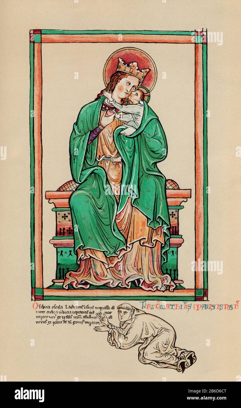 Jungfrau und Kind mit Künstler kniet, c1250. Von Matthew Paris (c1200-1259). Matthew Paris, Jungfrau und Kind mit Künstler kniet. Frontispiz der Historia Anglorum, c1250. Tempera auf Pergament. Stockfoto