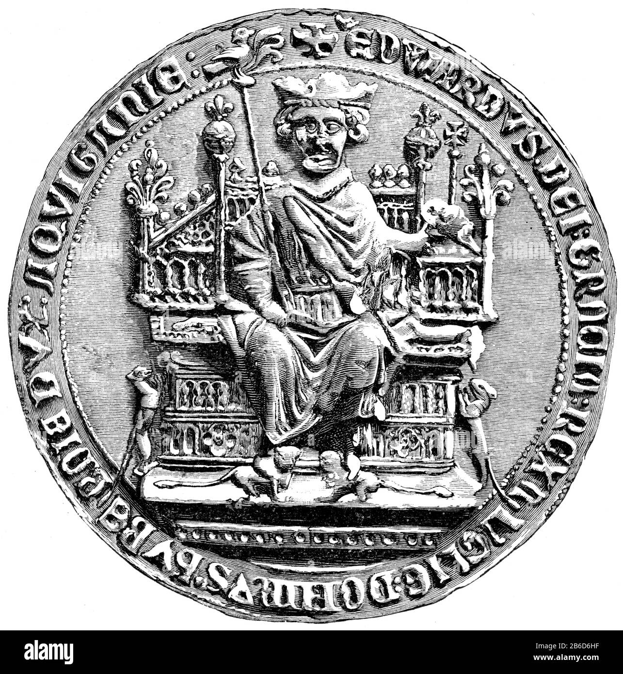Großes Siegel von Edward I., 11. Jahrhundert. Einige Zeit vor dem Jahr 1066 begann Edward der Bekenner (c1003-1066), ein "großes Siegel" zu verwenden, um zu signalisieren, dass ein Dokument trug die Kraft seines Willens. Mit einigen Ausnahmen, jeder nachfolgende Monarch bis 1603, als die Union der Kronen vereinigte Schottland und England wählte seine oder ihre eigenen Entwurf für das große Siegel. Stockfoto