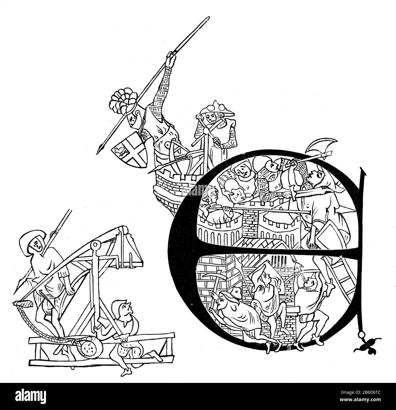 Belagerung von Carlisle durch die Schotten, AD 1315. Andrew Harclay, 1. Earl of Carlisle (c1270-1323) (erkennbar am Wappen auf seinem Schild) Speere auf die Soldaten von Robert I. werfen Initialbrief von Edward II's Charter an Carlisle (1316) comemmorating Harclays erfolgreiche Verteidigung von Carlisle Castle während seiner Belagerung durch Robert I von Schottland im Juli und August 1315. Die Belagerung von Carlisle war ein Ereignis während des Ersten Krieges der schottischen Unabhängigkeit. Stockfoto