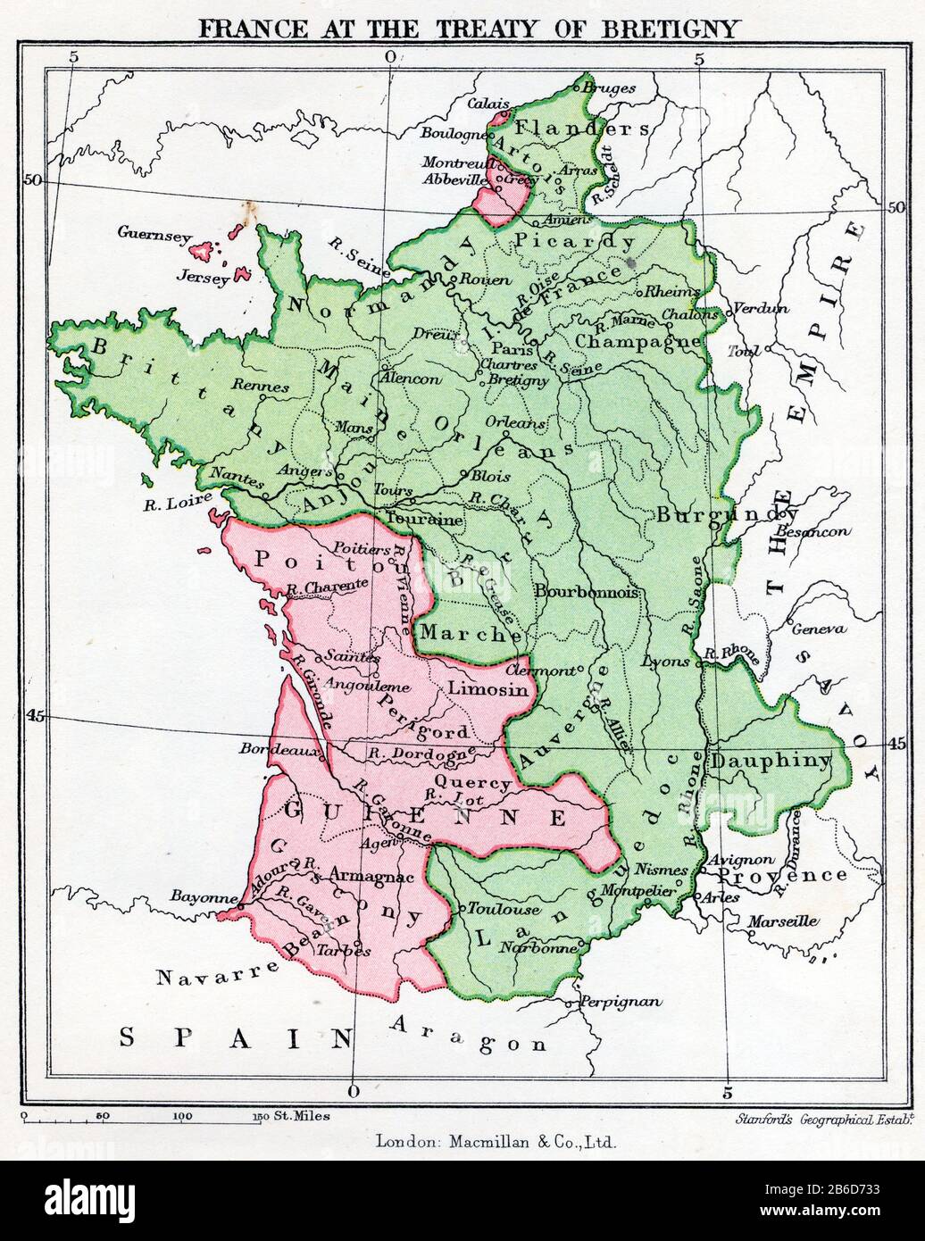 Eine Karte, die Frankreich zur Zeit des Bretigny-Vertrags zeigt. Der Vertrag von Brétigny war ein Vertrag, der am 8. Mai 1360 ausgearbeitet und am 24. Oktober 1360 ratifiziert wurde, zwischen König Edward III. Von England und König Johannes II. Von Frankreich. Im Rückblick wird es als markiert das Ende der ersten Phase des Hundertjährigen Krieges. Es wurde in Brétigny unterzeichnet und später als Vertrag von Calais am 24. Oktober 1360 ratifiziert. Stockfoto