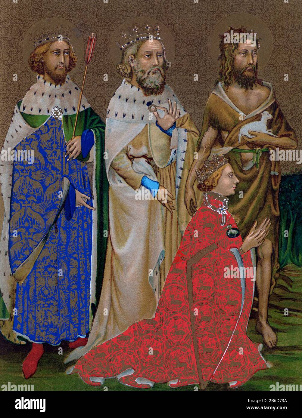 Das Wilton Diptych (c1395-1399): Linke Innenseite. Das Wilton Diptych ist ein seltenes Überleben eines spätmittelalterlichen religiösen Tafelbildes aus England. Das Diptychon wurde für König Richard II von England gemalt, der vor der Jungfrau und dem Kind kniet. Er wird ihnen von (von rechts nach links) seinem schutzheiligen Johannes dem Täufer und von den englischen Heiligen König Edward dem Bekenner und König Edmund dem Märtyrer vorgestellt. Das Gemälde ist ein Beispiel für den internationalen gotischen Stil. Stockfoto