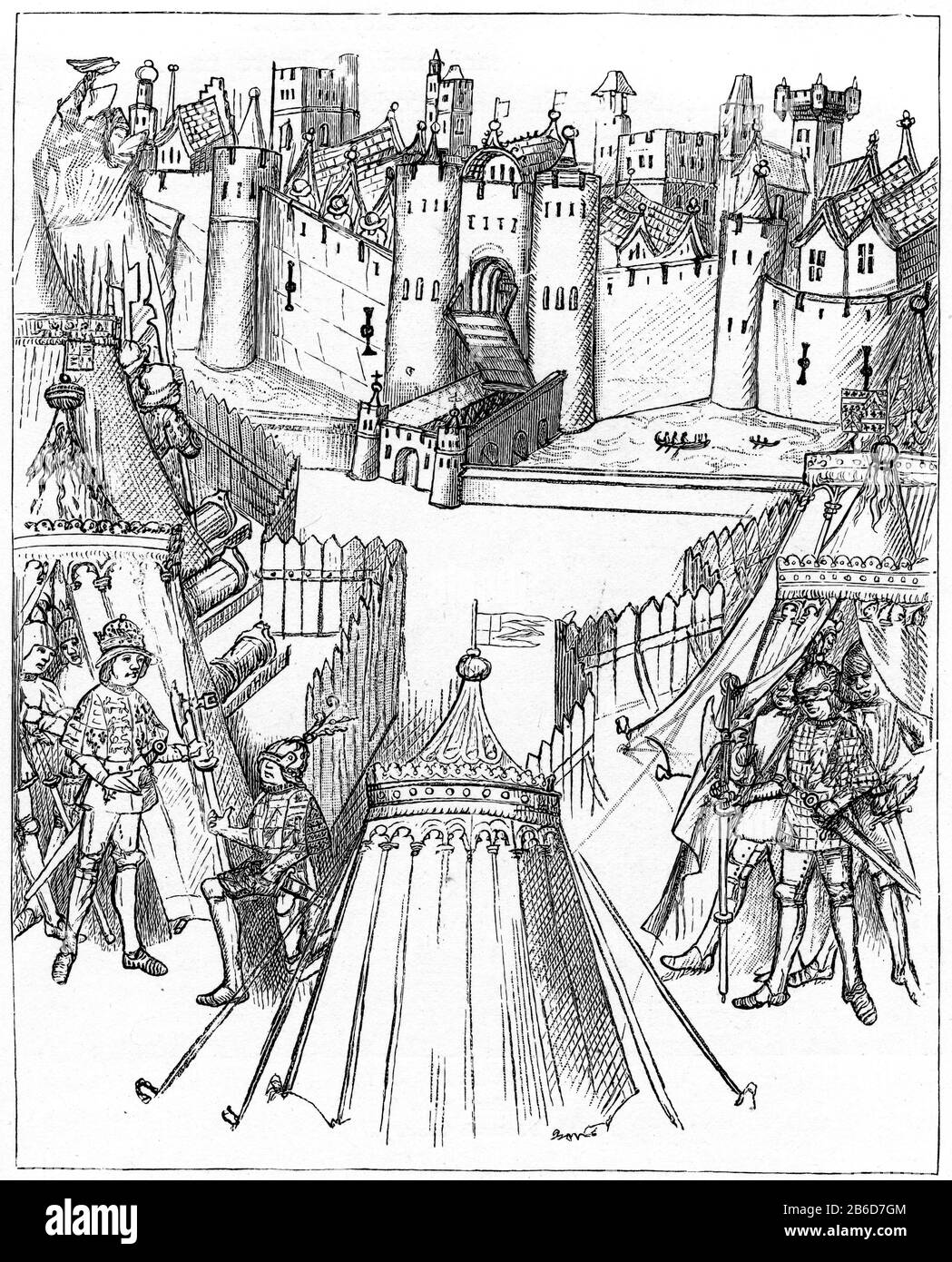 Belagerung von Rouen, 1418. Richard Beauchamp, Earl of Warwick (1382-1439), mit Heinrich V. (1386-1422) bei der Belagerung von Rouen, 1418. Die Belagerung von Rouen (29. Juli 1418 - 19. Januar 1419) war ein wichtiges Ereignis im Hundertjährigen Krieg, wo englische Truppen loyal zu Heinrich V. Rouen, die Hauptstadt der Normandie, von den normannischen Franzosen erobert haben. Von den Beauchamp-Festumzug c1485. Stockfoto