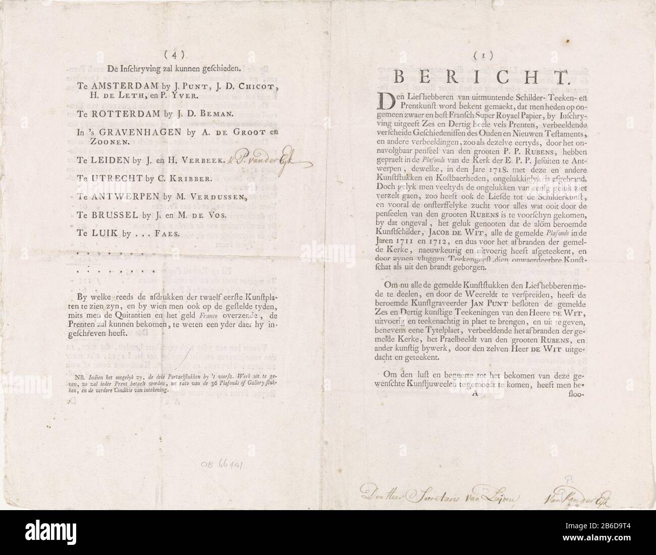 Ausschreibung Les flat Fund ou les tableaux von Galerien Decken und Galeriestücken (Serientitel) Les flat Fund ou les tableaux von Galerien/Decken oder Galeriestücken (Serientitel) Immobilientyp: Textblatt Artikelnummer: RP-P-ob-66.401 Aufschriften/Marken: Sammlermarke, Verso, gestempelt: Lugt 2228opschrift, recto, Handschrift: "Der Lord-Sekretär Leijden aus Vander Eijk'Omschrijmessage über die Orte und Preise der Einschreibung auf den Drucken von Jan Punt mit Deckenbildern von Peter Paul Rubens in der Kirche des Jesuit Antwerpen. Hersteller: Verlag Jan Manufacturer P Stockfoto