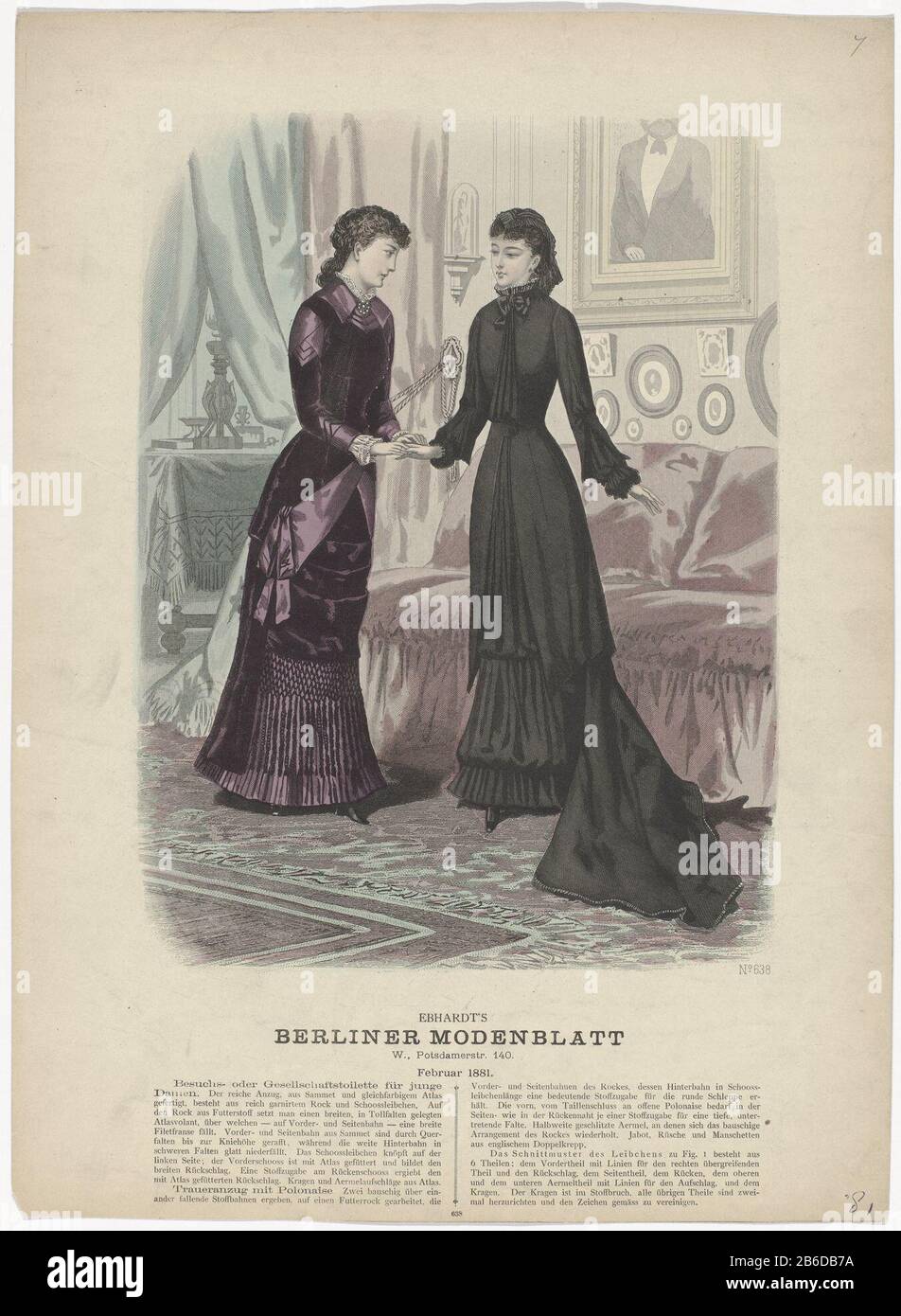 Berliner Modemagazin, Februar 1881, Nr. 638 Besuch oder Gesellschaftstoilett () Rouwjapon traf Schlaf. Prent uit het Berlin Modejournal Modetijdschrift (1879-1881) . Hersteller : Hersteller: Anoniem dating: Kenmerken 1881 Physisch: Tiefdruck, met de Hand ingekleurd Material: Papier Techniek: Kleuren Abmessungen graveren (Drukproceduré) / met de Hand: Blad: H 372 mm × 270 b mm Betreff: Kleid, Kleid (+ Damenbekleidung) Kopfbedeckung: Mütze (+ Frauenkleider) ModeplatesTrauerbekleidunghänder, 'dextrarum junctio' (+ Variante) Wanneer: 1881 - 1881 Stockfoto