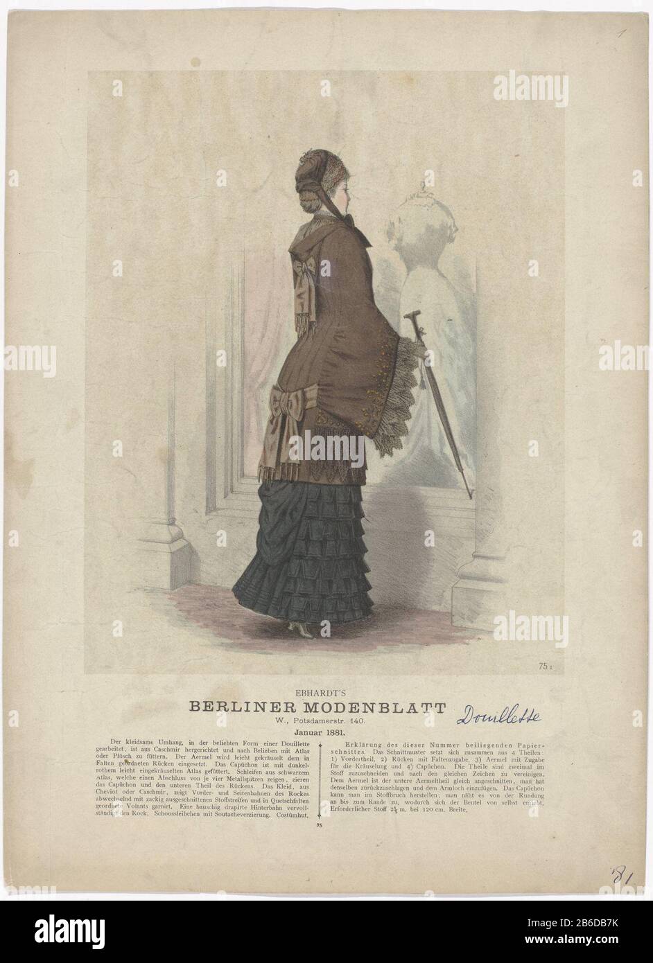 Berliner Modemagazin, Januar 1881, Nr. 751 Das schmeichelhafte kap () Lady voor etalage, gekleed kasjmier in Douillette van. Prent uit het Berlin Modejournal Modetijdschrift (1879-1881) . Hersteller : Hersteller: Anoniem dating: Kenmerken 1881 Physical: Lithography, met de Hand ingekleurd Material: Paper Techniek: Kleuren Dimensions lithography (techniek) / met de Hand: Blad: H 372 mm × 270 b mm Betreff: Kopfbedeckung: Hat (+ Damenbekleidung) Kopfbedeckung: Kapuze (+ Damenbekleidung) Modeplate Schaufenster, Show-Fensterrock (+ Damenbekleidung) Gehstock, Personal, Rohrstock (+ Damenbekleidung) Wann Stockfoto