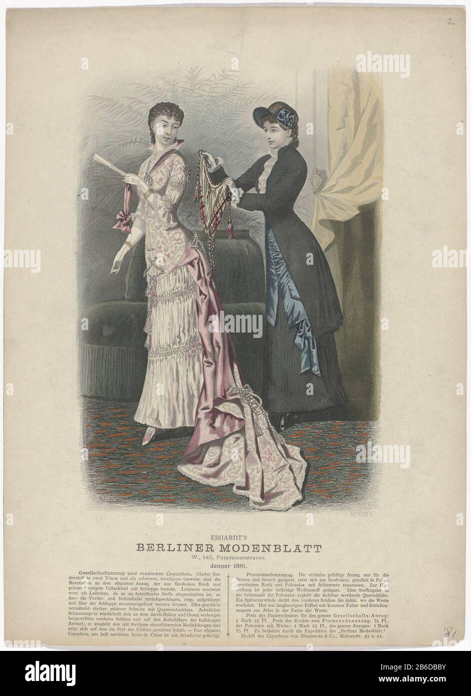 Berliner Modemagazin, Januar 1881, Nr. 629b Abendkleid und modernes Kapuchon () Avondjapon en wandelkostuum. Prent uit het Berlin Modejournal Modetijdschrift (1879-1881) . Hersteller : Pfentmacher: Anoniem dating: Kenmerken 1881 Physisch: Tiefdruck, met de Hand ingekleurd Material: Papier Techniek: Kleuren Abmessungen graveren (Drukproceduré) / met de Hand: Blad: H 373 mm × 270 b mm Betreff: Kleid, Kleid: Abendkleid (+ Damenbekleidung) Kleid, Kleid: Kleid: Kleid: Wanderkleid (+ Damenbekleidung) Mantel (+ Damenbekleidung) Modeplate Kopfbedeckung: Kapuze (+ Damenbekleidung) Kopfbedeckung: Ha (+ Damenbekleidung Stockfoto