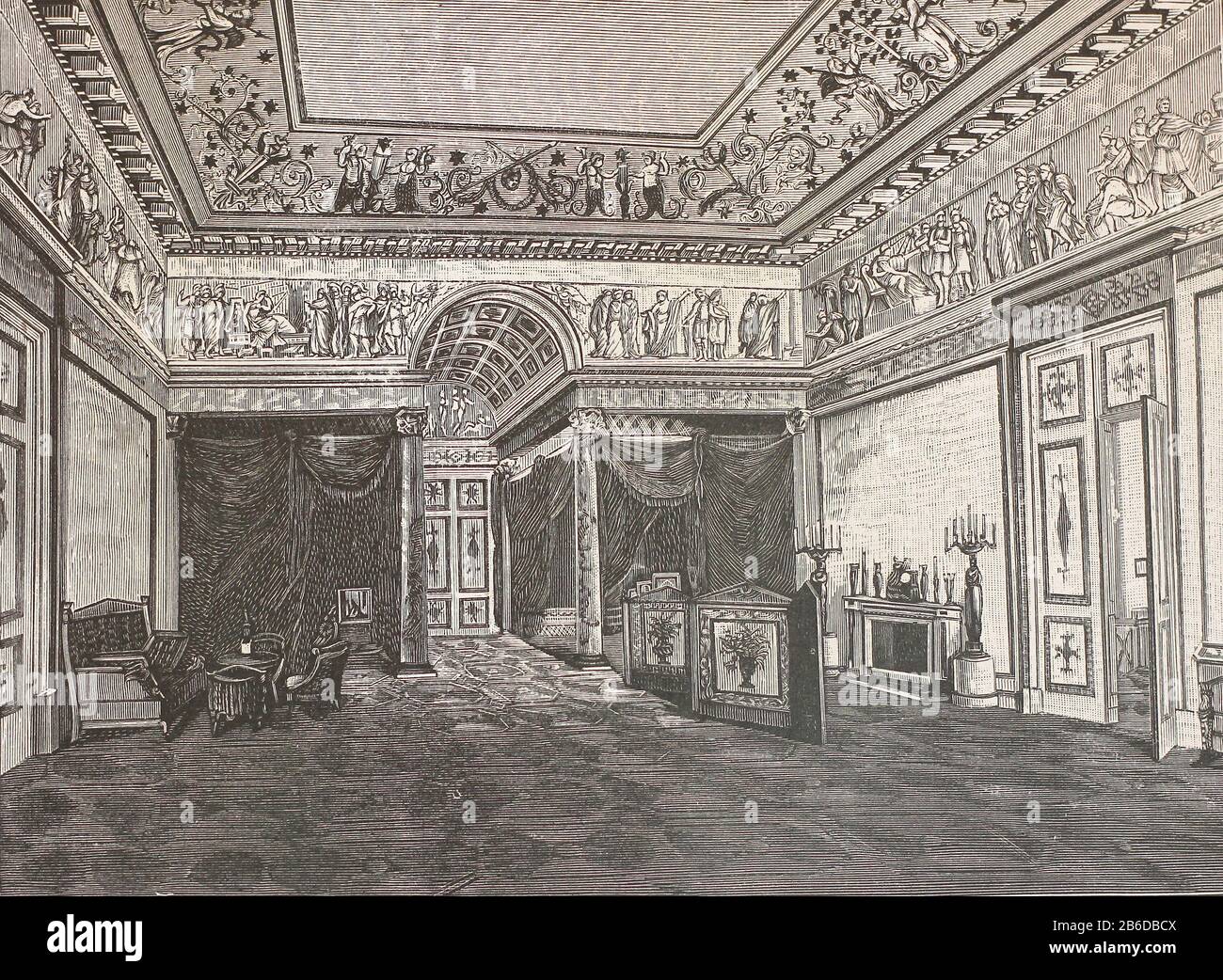 Schlafzimmer des russischen Kaiser Alexander I. im Petersburger Winterpalast. Gravur des 19. Jahrhunderts. Stockfoto