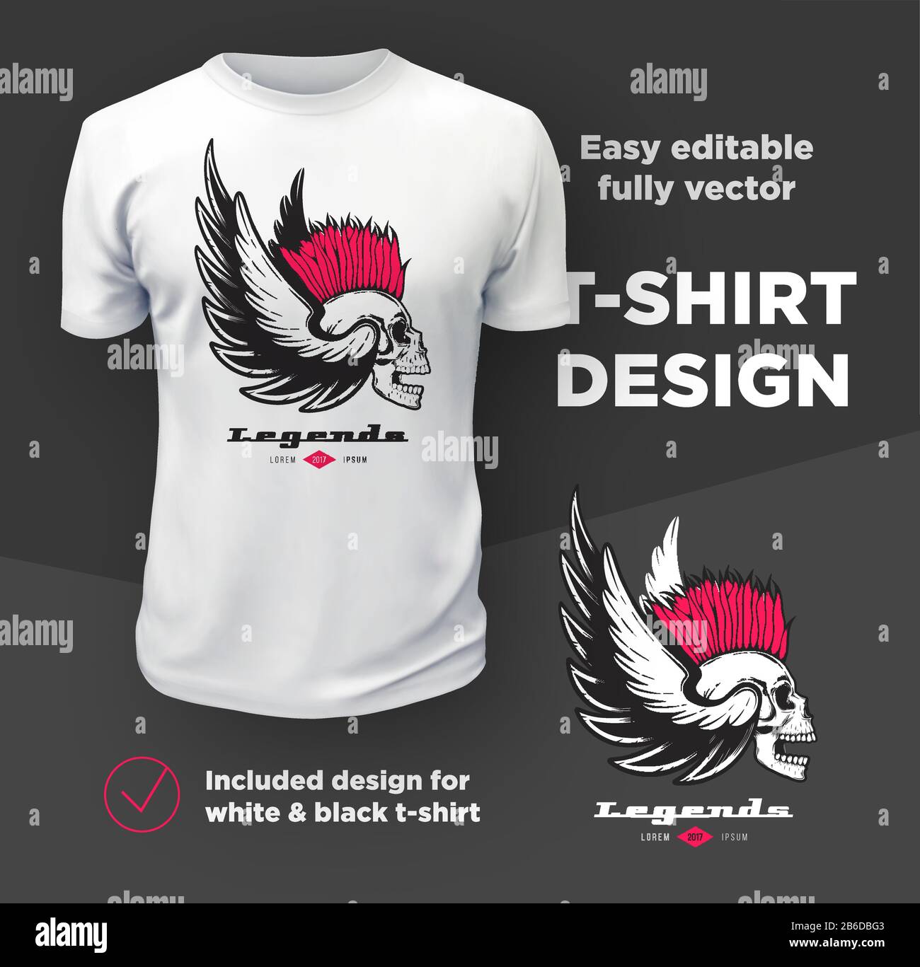 Klassisches, amerikanisches Design mit Biker-Club-Druck, isoliert auf weißem T-Shirt Mockup. Stock Vektor