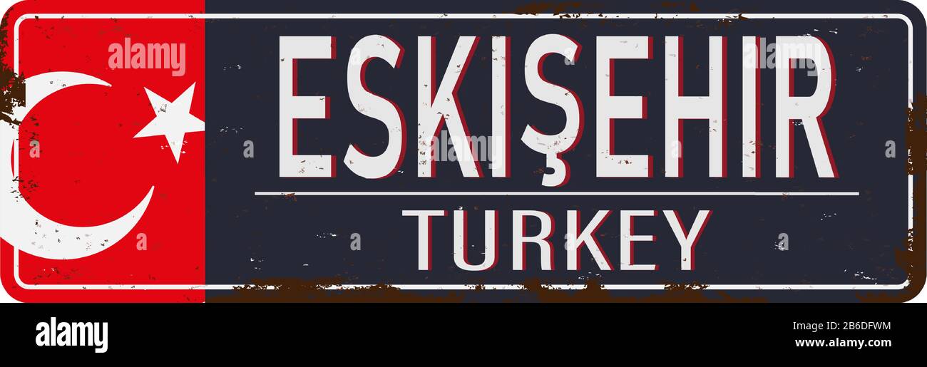 Willkommen im Eskisehir-Retro-Erinnerungszeichen von einem der beliebtesten Sommerziele der Türkei. Vektorgrafik-Illustration auf weißem Hintergrund Stock Vektor