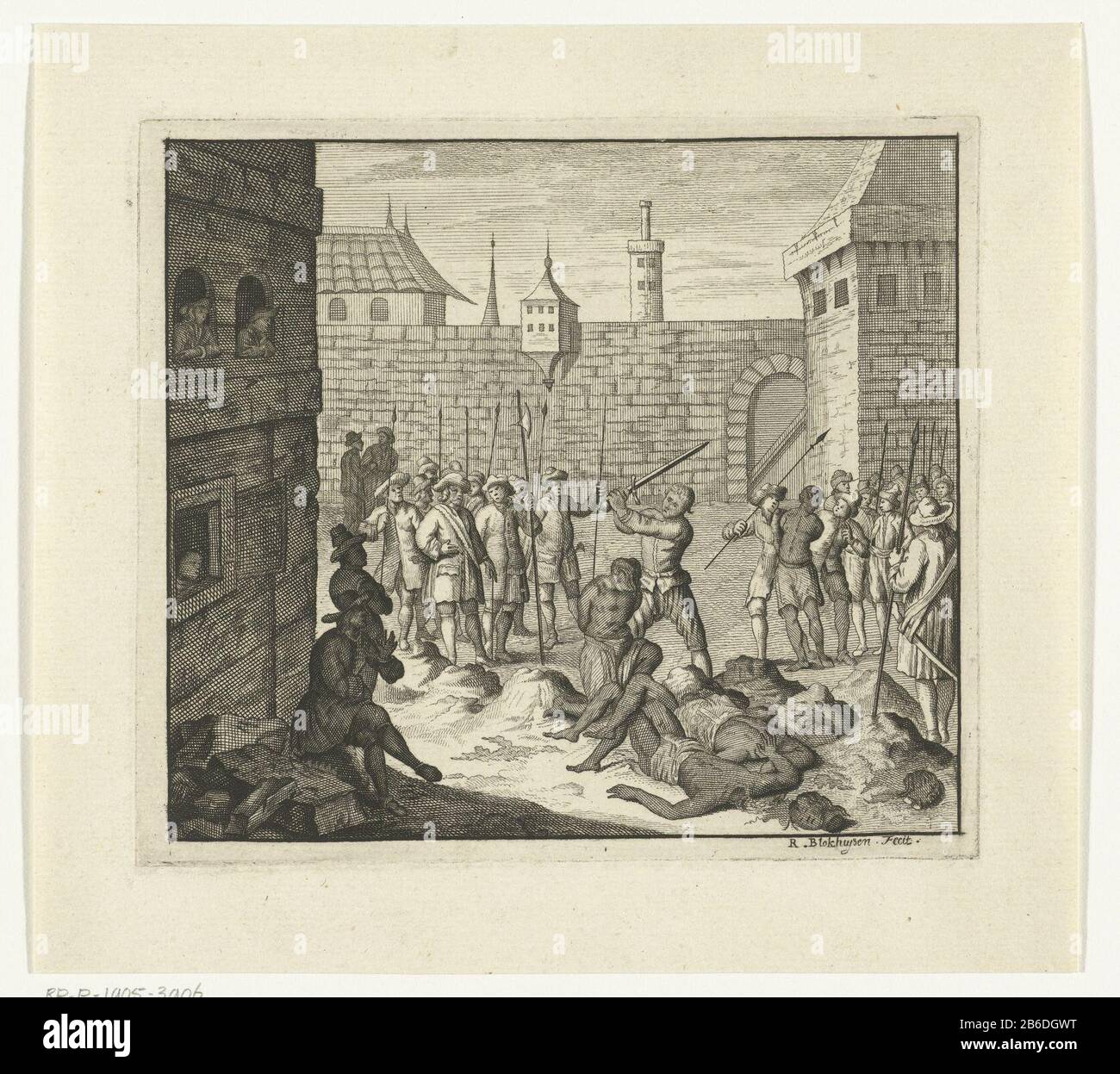 Der Scharfrichter enthauptet schwarze Männer auf einem Platz, Ein Scharfrichter enthauptet schwarze Männer auf einem Platz unter der wachsamen Ansicht eines Legers. Hersteller: Druckmaschine: Reynier Blokhuysen (auf dem Objekt angegeben) Ort Herstellung: Niederlande Datum: 1673 - 1744 Physikalische Eigenschaften: Ätzmaterial: Papiertechnik: Ätzmaße: Plattenkante: H 129 mm × W 147 mmToelichtBoekillustriatie aus einem unbekannten Uitgiat. Betrifft: Gewaltsamer Tod durch Enthauptung Stockfoto