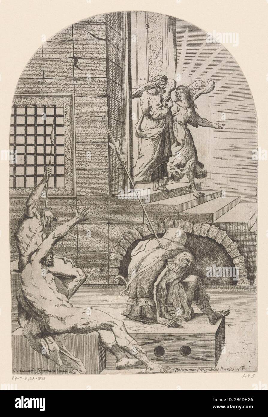 Befreiung Petri aus dem Gefängnis Nachdem Peter von Herodes ins Gefängnis geworfen wurde, wurde er von einem Engel befreit und aus dem Gefängnis geführt. Im Vordergrund wehten drei Soldaten. Hersteller : Druckmaschine: Girolamo Pedrignani (denkmalgeschütztes Gebäude) in seiner Gestaltung: Girolamo Pedrignani (denkmalgeschütztes Gebäude) Herausgeber: Giovanni Giacomo de'Rossi (denkmalgeschütztes Eigentum) Ort Herstellung: Druckmaschine Italien nach eigenem Entwurf: Italien Herausgeber: Rom Datum: 1637 - 1691 Physikalische Merkmale: Ätzmaterial: Papiertechnik: Ätzmaße: Blatt: H 307 mm (Innenkante der Schnittplatte) × W 210 mm (Innenkante der Schnittplatte) ToelichtingDe Vesm Stockfoto