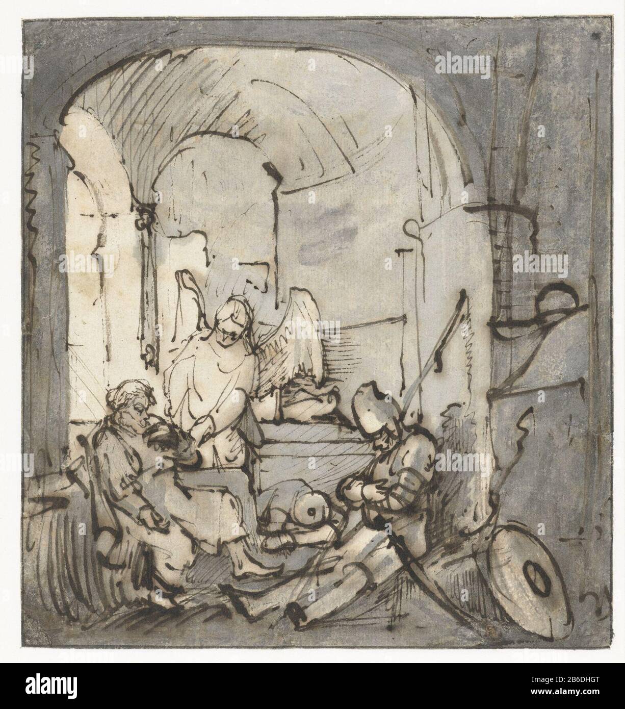 Befreiung Petri aus der Haft Befreiung Petri aus der Haft Objekttyp: Zeichnung Objektnummer: RP-T-1930-31katalogusreferentie: Schatborn 63 Hersteller: Zeichner: Carel Fabritius (zugeschrieben) Datum: 1640 - 1649 Physikalische Merkmale: Bürste in graublau, Stift in braunem Material: Papiertinte Technologie: Stift/Bürste Abmessungen: H 167 mm × W 156 mm Betreff: Es erscheint ein Engel, der Peter zum aufwachen aufruft  Peter in prisonan Angel Erscheint und Peter zum aufwachen aufruft  Peter im Gefängnis Stockfoto