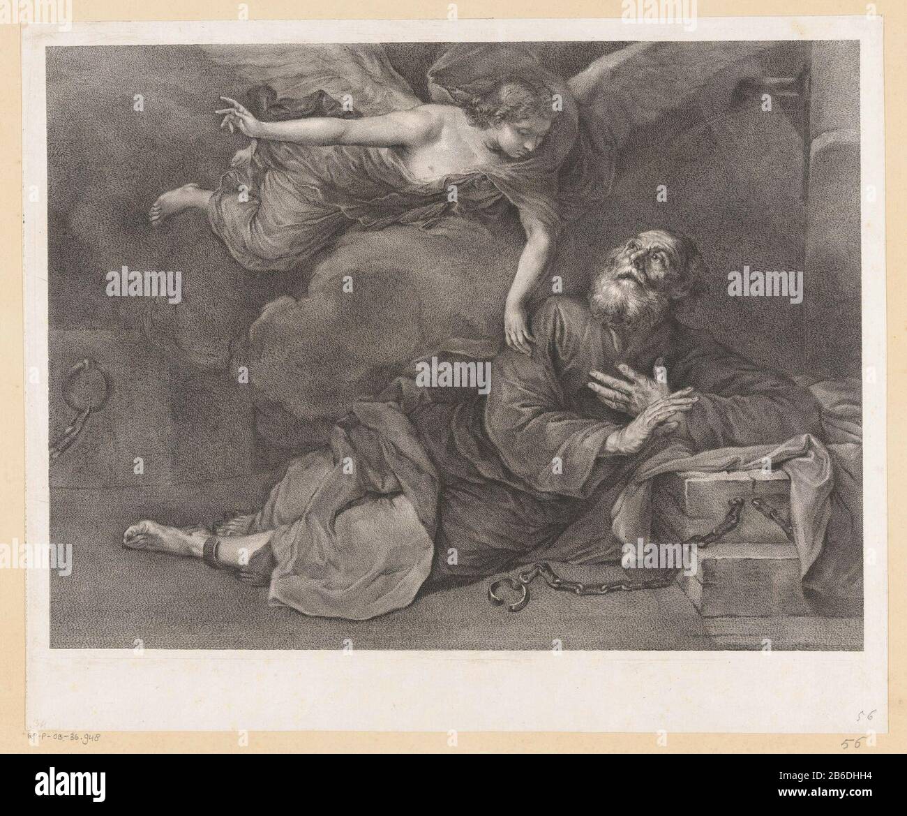 Befreiung Petri aus dem Gefängnis der schlafende Peter wird von einem Engel geweckt, der ihn aus dem Gevangenis befreit. Hersteller : Druckerhersteller Giovanni Marco Pitterinaar Gemälde: Jusepe de RiberaPlaats Herstellung: Venedig Datum: 1712 - 1.815 Physische Merkmale: Engra, Proofing Material: Papiertechnik: Engraa (Druckverfahren) Abmessungen: Blatt: H 345 mm (Innenkante der Schnittplatte) × W 419 mm (Innenkante der Platte) Betreff: Ein Engel Erscheint, der Peter aufruft, um  Peter im Gefängnis aufzuwachen Stockfoto
