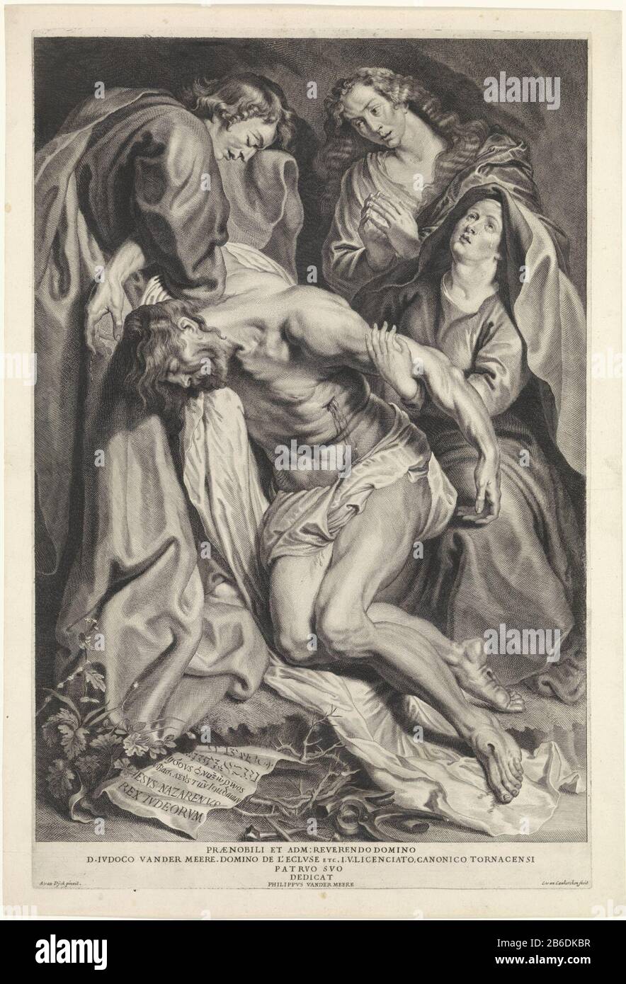 Maria und Josef von Arimathea bewachen den Leib Christi. Johannes hat seine Hände beim Beten zum Evangelisten eingeklemmt. Maria weint um ihren toten Sohn. Auf dem Boden die Dornenkrone, die Stange und die spijker. Hersteller : Druckerhersteller Cornelis von Caukercken (denkmalgeschütztes Eigentum) zu Gemälde von Anthony van Dyck (denkmalgeschütztes Eigentum) im Auftrag unbekannter (denkmalgeschützter Gebäude) Ort Herstellung: Südniederland Datum: 1636 - 1680 Physische Merkmale: Fahrzeugmaterial: Papiertechnik: Engra (Druckverfahren) Abmessungen: Plattenkante: H 803 mm × W 390 mm Betreff: Klagelied Stockfoto