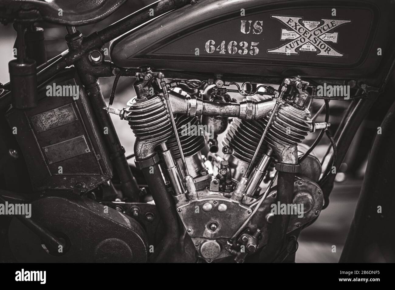 Motor eines amerikanischen Militärmotorrads von 1917 in Schwarzweiß Stockfoto