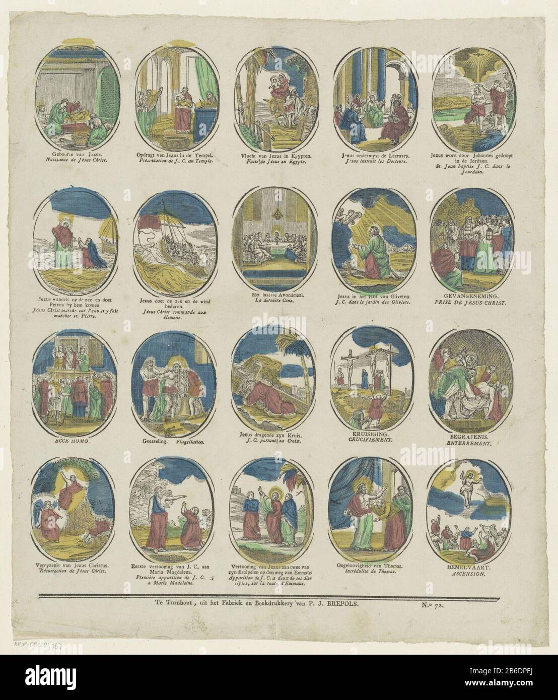 Bidprentjes Blatt mit 20 ovalen Gebetskarten mit Szenen aus dem Leben Christi, Wo: Unter Geburt, letztes Abendmahl und Himmelfahrt Christi. Unter jedem Bild eine Bildunterschrift in niederländischer und französischer Sprache. Nummeriert unten rechts: Nr. 72. Hersteller : Herausgeber: Philippus Jacobus Brepols (denkmalgeschütztes Gebäude) Druckmaschine: Anonymer Ort Herstellung Turnhout dating: 1800 - 181 Physische Merkmale: In Rot, Blau, Braun und Gelb gefärbter Holzschnitt; Textdruckmaterial: Papiertechnik: Holzschnitt / Farben / Druckformate: Blatt: H 396 mm × W 339 mm Betreff: Serie von Szenen aus dem Leben der Christuspassion von C. Stockfoto