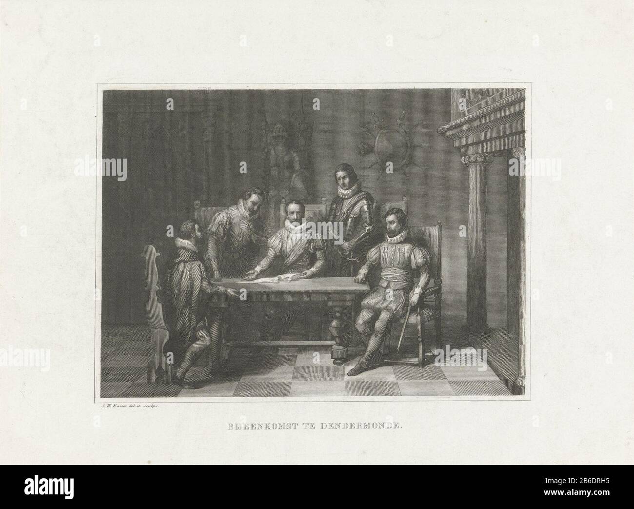 Treffen in Dendermonde mit William von Orange, 1566 Treffen in Dendermonde (Titelobjekt) Treffen in Dendermonde Wo: Willem Orange ein abgefangener Brief des spanischen Botschafters in Paris kommt auf den Tisch, 3. Oktober 1566. Inneneinrichtung mit fünf Männern um eine tafel. Hersteller : Druckhersteller Johann Wilhelm Kaiser (I) (denkmalgeschütztes Gebäude) in seiner Gestaltung: Johann Wilhelm Kaiser (I) (denkmalgeschütztes Gebäude) Herstellung: Niederlande Datum: 106-1849 Physische Merkmale: Stahl-Engra-Material: Papiertechnik: Stahl-Egra-Abmessungen: Blech: H 194 mm × W 267 mmToelichtingIllustratie für JP Eagle, Common Stockfoto