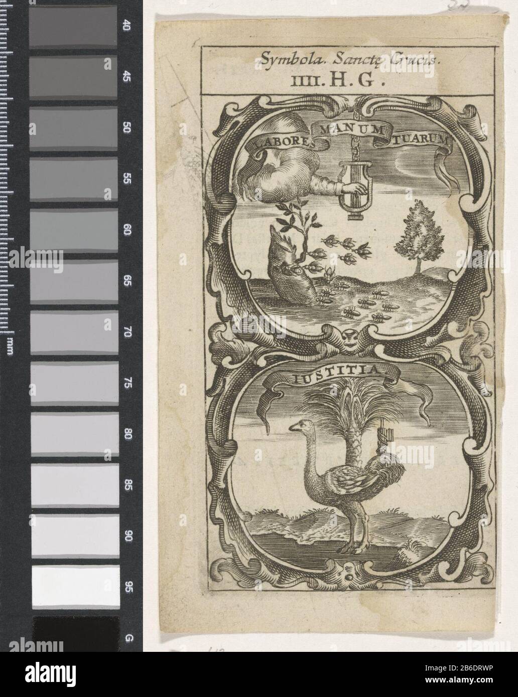 Bienen in einem Baumstumpf Ostrich zu einer Palme Labore manum Tuarum Justice (Titelobjekt) Symbola Divina et Humana Pontificum Imperatorum Regum (Serientitel) Een embleem met twee voorstellingen. Boven een zwerm bijen bij een boomstronk. Een Hand in een wolk spelt op een Harfe. On the staat een struisvogel bij een palmboom. Aan de boom hangelt een faces. Hersteller: Rentner: Anoniemnaar prent van: Aegidius Sadeler dating: 1666 Physikalische Kenmerken: Tiefdruck; verso traf tekst in boekdrauk Material: Papier Techniek: Graveren (Drukproceé) / boekdrauk Abmessungen: Plaatrand: H 121 mm × b 67 mmToelichti Stockfoto