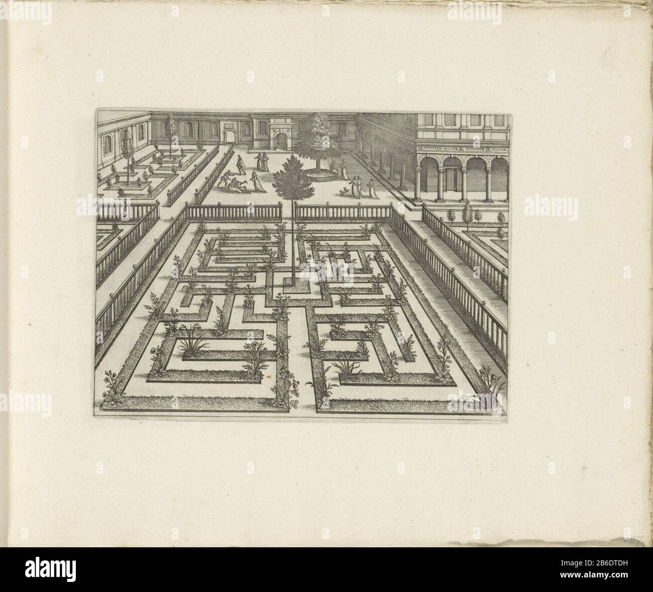 Innenhof eines Palastes mit einem Erdgeschoss in Form eines Labyrinthgartens (Serientitel) Hortorum Viridariorumque (Serientitel) Innenhof eines Palastes mit Parterre in Form eines Labyrinths. In der Mitte ein Ausleger. Hersteller : zu einem Entwurf von: Hans Vredeman de Vries Druckautor: Anonymer Herausgeber: John Gall Place Manufacturing: Antwerpen Datum: CA. 1587 und/oder ab ca. 1635 - ca. 1640 Physikalische Eigenschaften: Ätzmaterial: Papiertechnik: Ätzmaße: Plattenkante: H 186 mm × W 249 Serie mmToelichtDe 'Hortorum Viridariorumque' von Vredeman de Vries (niederländisch Hollstein Stockfoto