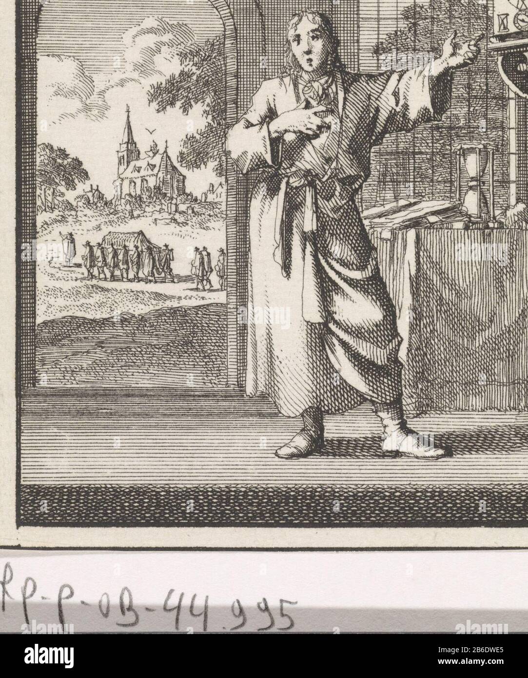 Drinnen zeigt ein Mann auf eine Wanduhr EIN Zimmer mit einem Mann, der auf eine Wanduhr zeigt. Durch eine offene Tür führt eine Trauerprozession nach Zien. Hersteller : Druckerhersteller Jan Luyken Herausgeber: Jan Huygen Verlag: James Hardenberg Herstellung: Amsterdam Datum: 1700 Physikalische Merkmale: Ätzmaterial: Papiertechnik: Ätzmaße: Blatt: H 102 mm × W 86 mmToelichtBoekillustriatie für Jan Huygen. Stichtelyke Rymen an mehreren Substanzen. Amsterdam: Gedruckt von James von Herde Berg für Jan Huygen, 1700, S. 202. Thema "Vanitas" symbolsclockcommunal roomscortege, Trauerzug und Stockfoto