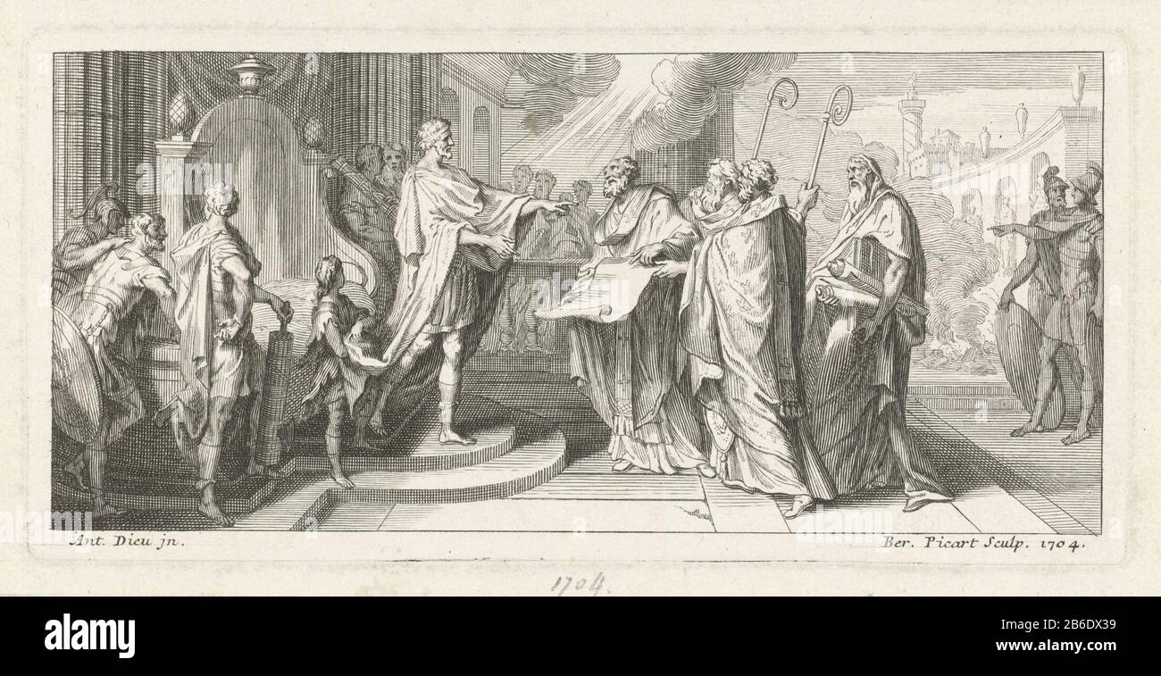 Bischof des Rates von Nizza Kaiser Konstantin empfängt um 325 Geistliche während des Ersten Rates von Nicäa. Er kennt diese vier Bischöfe ehrenvoll Patriarch. Vom Himmel aus wird er von einer göttlichen Licht erhellt. Hersteller: Druckmaschine: Bernard Picart (unter Denkmalschutz) entworfen von: Antoine Dieu (unter Denkmalschutz) Herstellung: Paris Datum: 1704 Physische Merkmale: Ätzungs- und Engra-Material: Papiertechnik: Enna (Druckverfahren) / Ätzmaße: Plattenkante: H 82 mm × W 170 mmToelichtingPrent kann auch als Illustration verwendet werden in: Lamare, Nicolas de. Traité de la Polizei (...). Paris: Stockfoto
