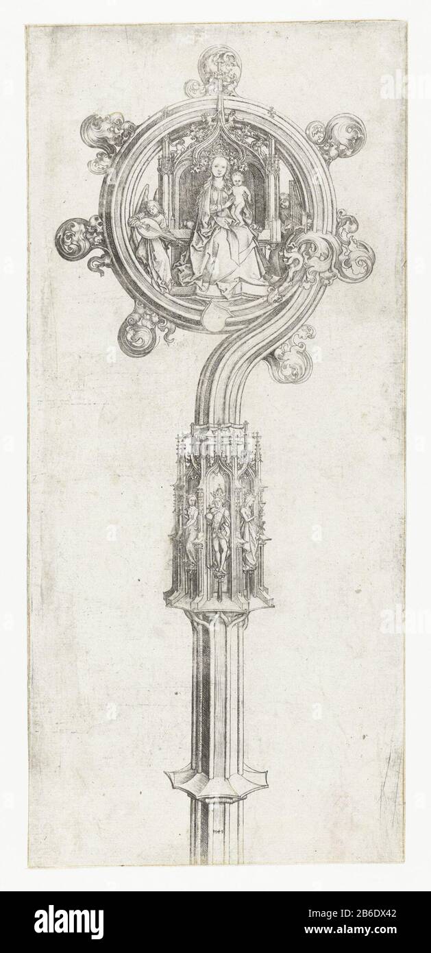 Krosier mit inthronierter Jungfrau und Kind oberer Teil eines Krosier mit in der Locken einer Darstellung Mariens mit dem Christuskind auf dem Fuß. Hersteller : Druckerhersteller Martin Schongauer (Listed Property) Herstellung: Deutschland Datum: 1475 - 1480 Physikalische Merkmale: Fahrzeugmaterial: Papiertechnik: Enga (Druckverfahren) Abmessungen: Blatt: H 287 mm × b 129 mm Betreff: Insignien oder Bischof, z. B. Mitra, KrozierMaria sitzend oder inthronisiert, das Christuskind vor ihr, in ihrem Schoß stehend (oder vor ihrem Busen) Stockfoto