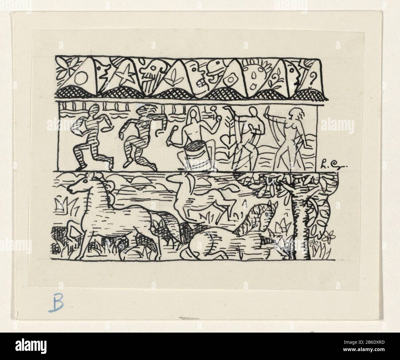 Journal Pferde mit drei Streifen von Bildern, Menschen tanzen und Masken Entwurf Prent. Hersteller : Künstler Leo Gestel Datum: 1890-1941 Physikalische Merkmale: Stift in schwarzem, weißem Dekverf-Material: Farbtintentechnik für die Papierverarbeitung: Stiftabmessungen: H 89 mm × W 114 mm Betreff: Maske für den Pferdetanz Stockfoto