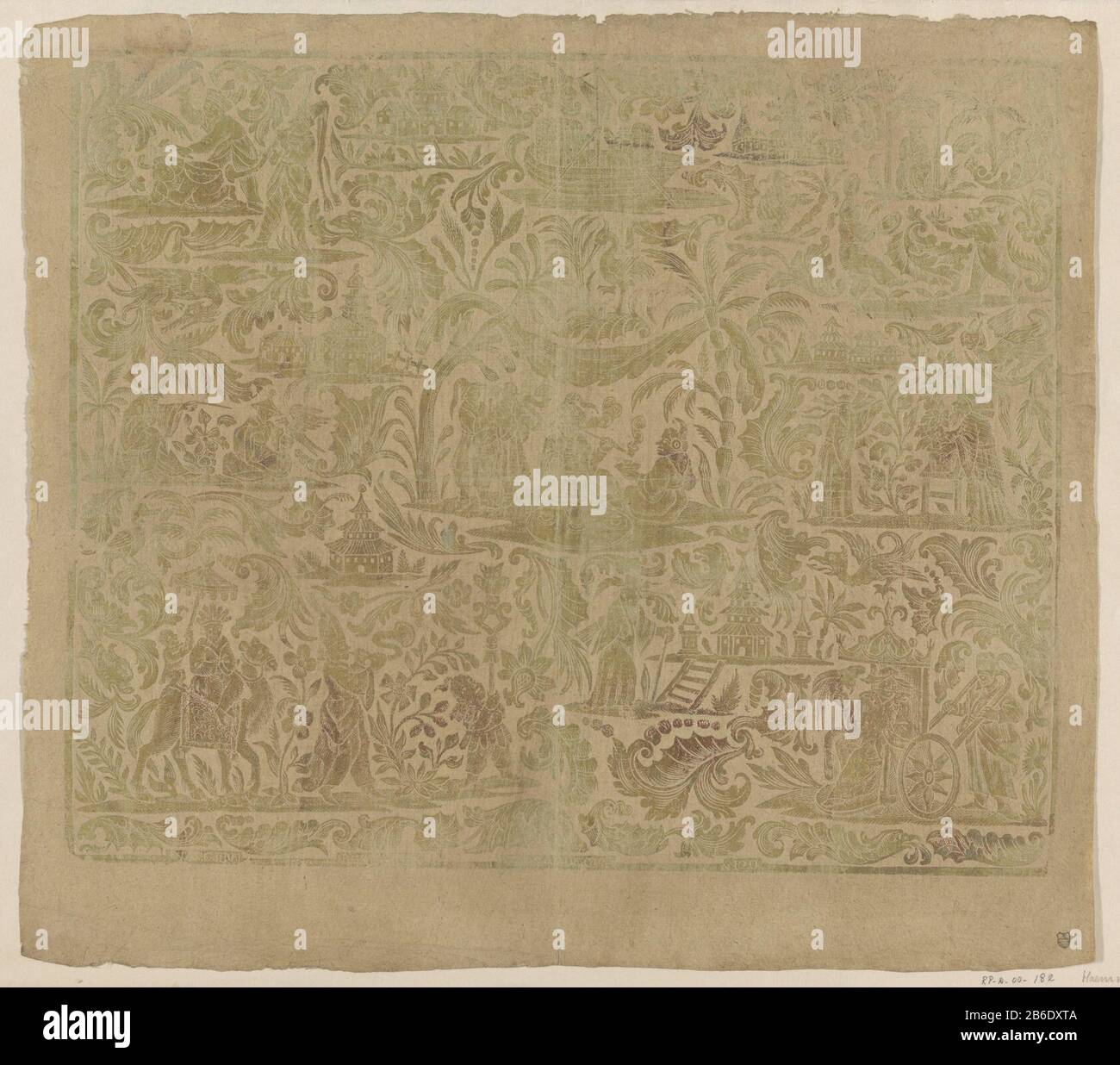 Blatt mit Tendrillen und Chinoiserie, oben links zwei Männer, Wo: Von einem liegenden und stehenden trommelnden, oben rechts tanzenden Figuren für einen Altar, unten links Mann auf Kamel, Affe und Sonnenschirm, unten rechts ein Mann in einer Riksja. Unten rechts mit 120 nummeriert. Hersteller : Herausgeber: Johann Carl Munck Ort Herstellung: Augsburg Datum: 1.750 - 904 Physikalische Eigenschaften: Positiv in Gold auf einem Farbe gestrichenen Papier in gelbgrünem Material geprägt: Papier Gold Blatt Metallic-Lacktechnik: Prägemaße: H 321 mm × W 390 mm Betreff: Affen, apesChinesefoliage, Tendrils, Branches  oder Stockfoto