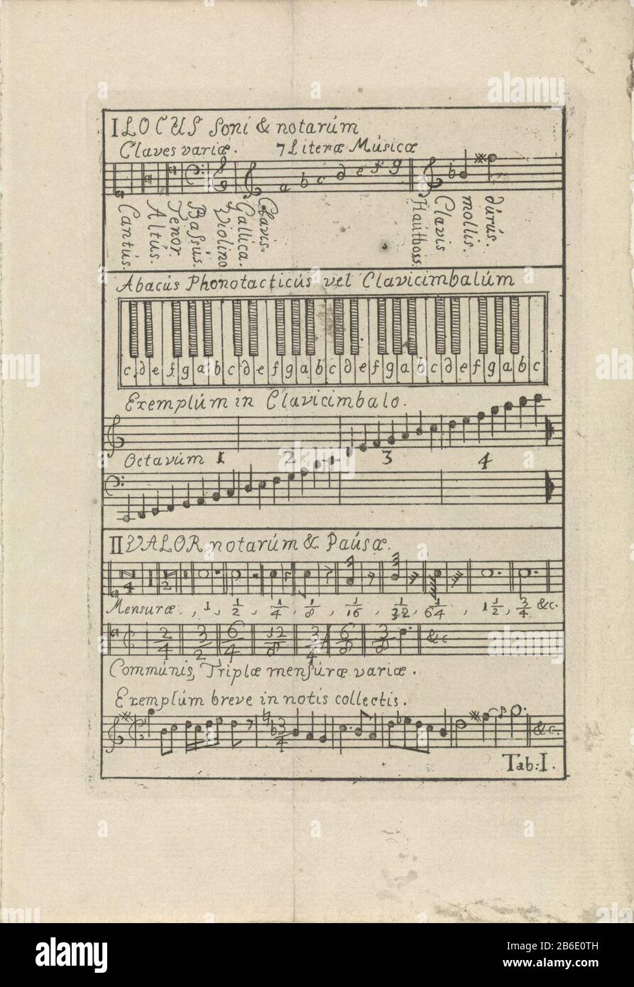 Notenblatt I Musik von: Konrad Zumbach von Coesfeld, Institutiones Musicae, oder Kurz onderwyzingen berührt die Praxis des Musyk; und insbesondere des generaalen Basses [...] zusammen mit dem [...] Kompositionsgrund, 1743. Unten rechts: Registerkarte. I. Hersteller : Druckhersteller: Anonymer Verleger: Gerrit PotvlietPlaats Herstellung: Druckmaschine: Der niederländische Verleger: Leiden Datum: 1743 Physikalische Eigenschaften: Ätzmaterial: Papiertechnik: Ätzmaße: Plattenkante: H 148 mm × W 103 mmToelichtingMiete von: Zumbach von Coesfeld, Konrad. Institutiones musicae, oder Kurz onderw Stockfoto