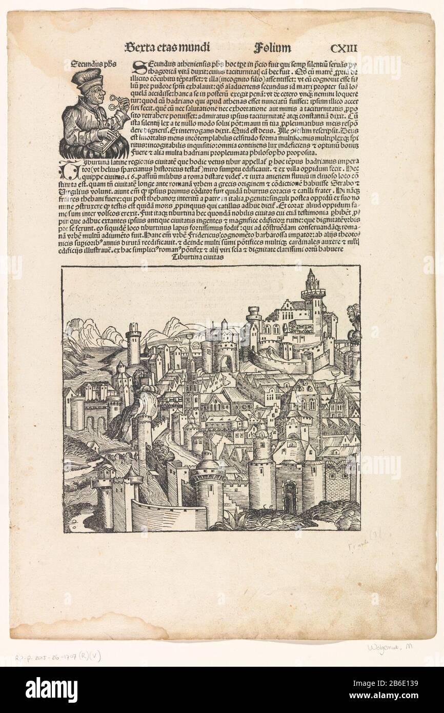 Seite aus der Nürnberger Skull-Chronik, Folio 113 r Seite aus der Nürnberger Chronik Skull, Folio 113 r Objekttyp: Seite drucken Artikelnummer: RP-P-2015-26-1707 (R) Beschreibung: Seite aus der Hartmann Schedel Nürnberg Chronik mit dem Philosophen Secundus das Stille und Blick auf die Stadt. Oben rechts nummeriert CXIII. Hersteller : Druckhersteller Michel Wolgemut (Atelier) Druckmaschine: Wilhelm Pleydenwurff (Werkstatt) Compiler: Hartmann Schedel Verlag: Sebald Schrey Out Submitter: Sebastian Kammer Meister Verlag: Anton KobergerPlaats Herstellung: Nürnberg Datum: 1493 Physikalisches Feature Stockfoto