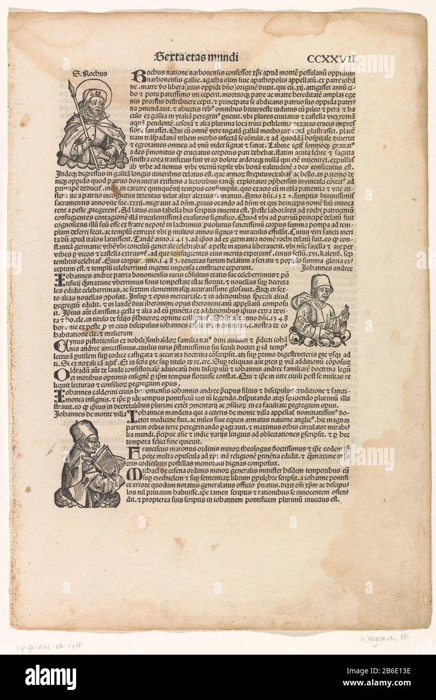 Seite aus der Nürnberger Chronik des Schädels, Folio 227R Seite aus dem Nürnberger Chronikskull, Folio 227 r Objekttyp: Seite drucken Artikelnummer: RP-P-2015-26-1705 (R) Beschreibung: Seite aus der Nürnberger Chronik von Hartmann Schedel mit Saint Roch, Giovanni d' Andrea und John Mandeville. Oben rechts nummeriert CCXXVII. Hersteller : Druckerhersteller Michel Wolgemut (Atelier) Druckmaschine: Wilhelm Pleydenwurff (Werkstatt) Compiler: Hartmann Schedel Verlag: Sebald Schrey Out Submitter: Sebastian Kammer Meister Verlag: Anton KobergerPlaats Herstellung: Nürnberg Datum: 1493 Physische Merkmale: Woo Stockfoto