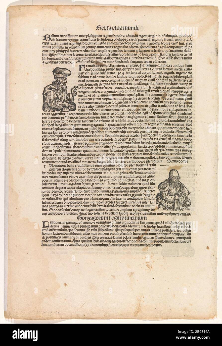 Seite aus der Nürnberger Chronik des Schädels, Folio 227V Seite aus dem Nürnberger Chronikskull, Folio 227V Objekttyp: Seite drucken Artikelnummer: RP-P-2015-26-1705 (V) Beschreibung: Seite aus der Nürnberger Chronik von Hartmann Schedel mit Francesco Petrarca und Ivo aus der Bretagne ( Ivo von Kermartin) . Hersteller : Druckmaschine Michel Wolgemut (Atelier) Druckmaschine: Wilhelm Pleydenwurff (Werkstatt) Compiler: Hartmann Schedel Verlag: Sebald Schrey Out Submitter: Sebastian Kammer Meister Verlag: Anton Kobergerplaats Herstellung: Nürnberg Datum: 1493 Physische Merkmale: Holzschnitt mit Textprintin Stockfoto