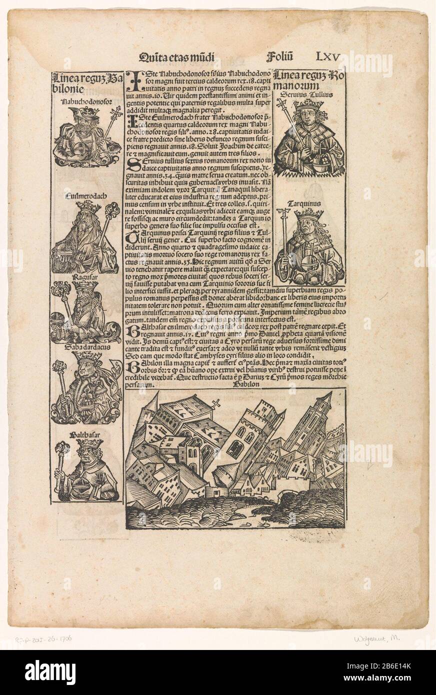 Seite aus der Nürnberger Chronik des Schädels, Folio 45r Seite aus dem Nürnberg Chronicle Skull, Folio 45r Objekttyp: Seite drucken Artikelnummer: RP-P-2015-26-1706 (R) Beschreibung: Seite aus der Nürnberger Chronik von Hartmann Schedel ha hinterließ ein Fragment der Stammbaumherrschaften des Babylonischen Kaiserreichs und das Recht, über das Römische Reich zu herrschen. Unter der eingestürzten Stadt Babylon. Oben rechts nummeriert LXV. Hersteller : Druckereihersteller Michel Wolgemut (Studio) Druckmaschine: Wilhelm Pleydenwurff (Werkstatt) Compiler: Hartmann Schedel Verlag: Sebald Schrey Out Submitter: Sebastian Kammer Meister Stockfoto