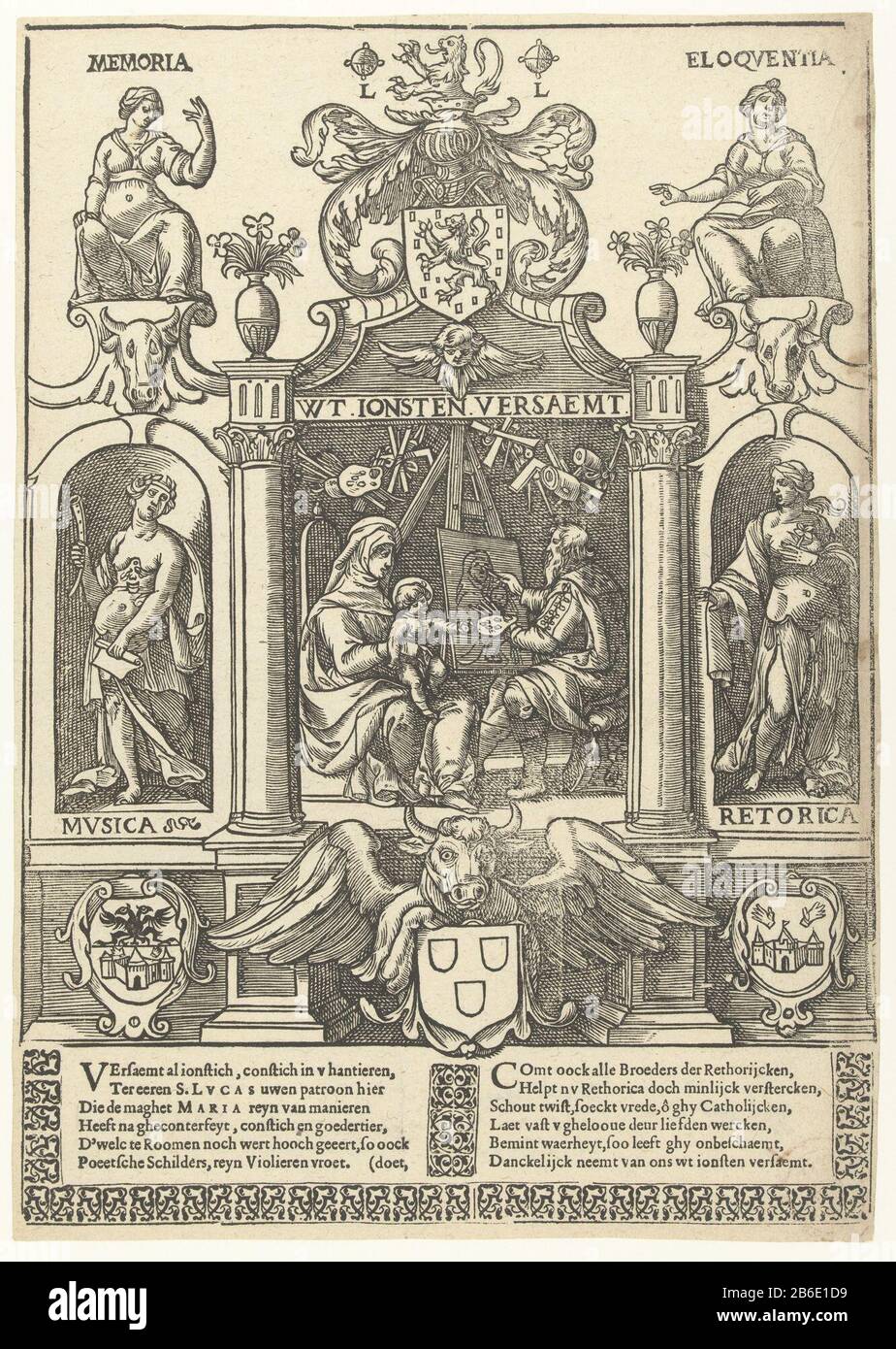 Blazon der Gilde Antwerpen St. Luke Symbolische Darstellung der Gilde Antwerpen St. Luke und der Rhetorikkammer De Violieren. In architektonischer Rahmendarstellung des Heiligen Lukas, die die Jungfrau Chrsituskind darstellt. Top Frame zwei sitzende Frauen, Personifikationen von Memoria und Eloquentia zusätzlich zur Präsentation in Nischen Musica und Rhetorik. Darunter Mäntel von Antwerpen. Ein Schild wird von geflügeltem os gehalten. Text in zwei Kolommen komplett abgesenkt. Hersteller: Druckmaschine: Anonymer Druckhersteller: Monogrammin LL (16. Jahrhundert) (möglich) Herstellung: Niederlande Datum: 1500 - 1549 Physi Stockfoto