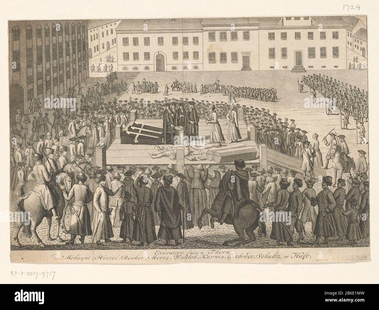 Bloedbad aus Thorn, 1724 Hinrichtung faite a Thorn (Titelobjekt) Hinrichtungen in Torun (Thorn) in Polen, Bürgermeister und neun weitere Lutheraner durch die Jesuiten, 7. dezember 1724. Sehen Sie das Gerüst auf einem Stadtplatz mit einem Teil der kopflosen Veroordeelden. Hersteller : Druckmaschine: Anonymer Termin: 1724 Physikalische Merkmale: Ätzmaterial: Papiertechnik: Ätzmaße: Blatt : h 181 mm × W 266 mm Betreff: Gewaltsamer Tod durch Beheadingon des Gerüstes oder Ort der Scharfrichterverfolgung oder des Gläubigen wann: 1724-12-07 - 1724-12-07 Stockfoto