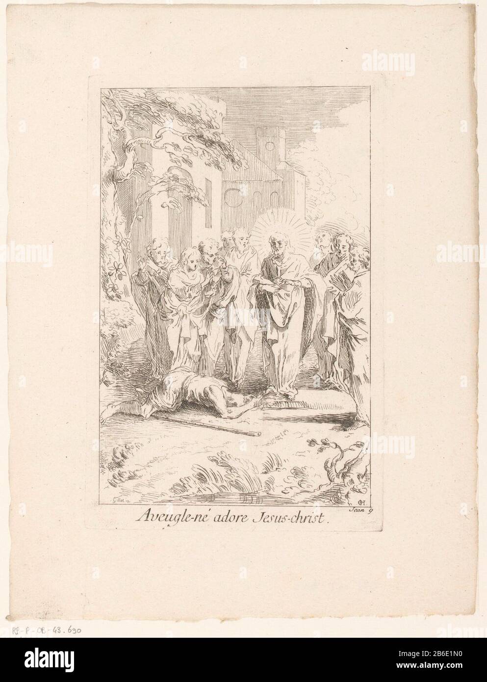 Geboren blinde Anbetung ChristusAveugle-né adore Jesus-Christus (Titelobjekt) Leben und Passion Christi (Serientitel) La Vie de N.S. Jesus C. (Serientitel) Objekttyp: Bild Artikelnummer: RP-P-ob-43.690Katalogisreferentie: IFF 18e siècle 731 Aufschriften / Marken: Sammlermarke, verso, gestempelt: Lugt 2228 Hersteller: Druckerhersteller Gabriel Huquier (denkmalgeschütztes Gebäude) Druckerhersteller Jacques Gabriel Huquier (möglich) zur Gestaltung: Claude Gillot (Verlag François: Gabriel Chaurener) Privileg: Gabriel Huquiereur: Gabriel Huquieruer Französische Crown Place Herstellung: Druckmaschine Paris Print Autho Stockfoto