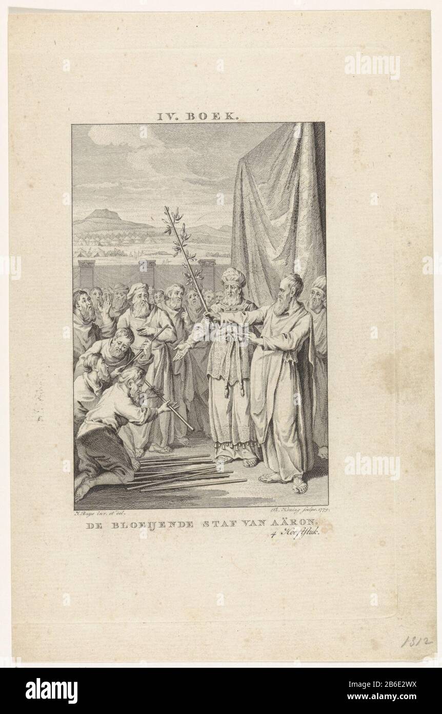 Aus dem Bundeszelt kommt Moses mit dem aufblühenden Aaron-Stab. Für ihn sind die Chefs Israels, die ihre Mitarbeiter wieder aufgenommen haben. Im Hintergrund ist ein Zeltlager zu sehen (Num. 17:22-24). Dieses Bild ist eine Illustration im vierten Kapitel des vierten Buches "Die Gesammelten Werke von Flavius ​​Josephus". Hersteller: Druckmaschine: King Theodore (börsennotiertes Objekt) entworfen von: Jacobus Kauft (börsennotiertes Objekt) Ort Herstellung: Amsterdam Datum: 179 Physikalische Merkmale: Fahrzeugmaterial: Papiertechnik: Enna (Druckverfahren) Abmessungen: Blatt: H 225 mm × W 147 mmToelichtingIllustratie für: FL Stockfoto