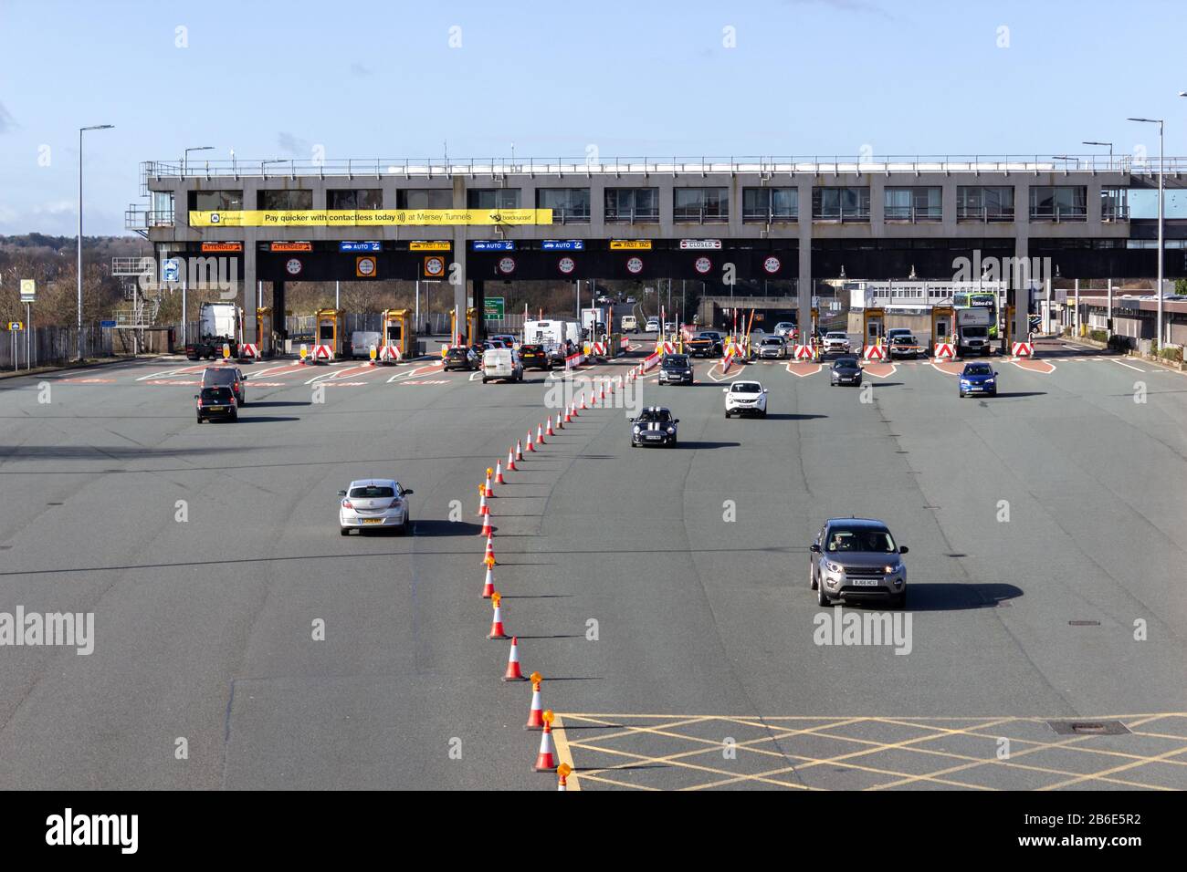 Kingsway Mautstellen für Mersey Tunnel, Seacombe, Wallasey Stockfoto